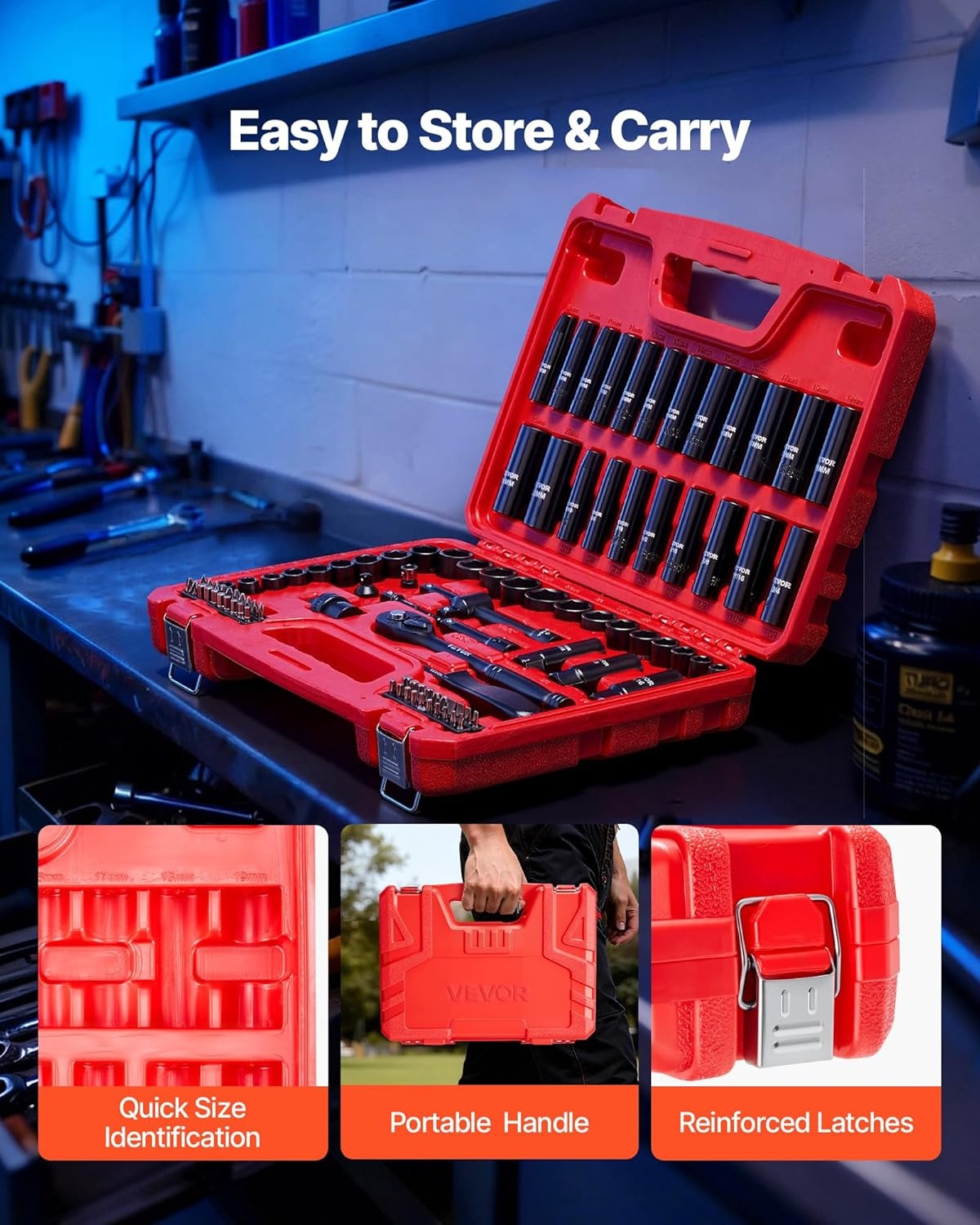 image:imageVEVOR Impact Drive Socket Set 12 Inches 19 Piece Impact Sockets SAE Standard Socket Assortment 38 Inches to 112 Inches 6point Hex Sockets38 96 PCS