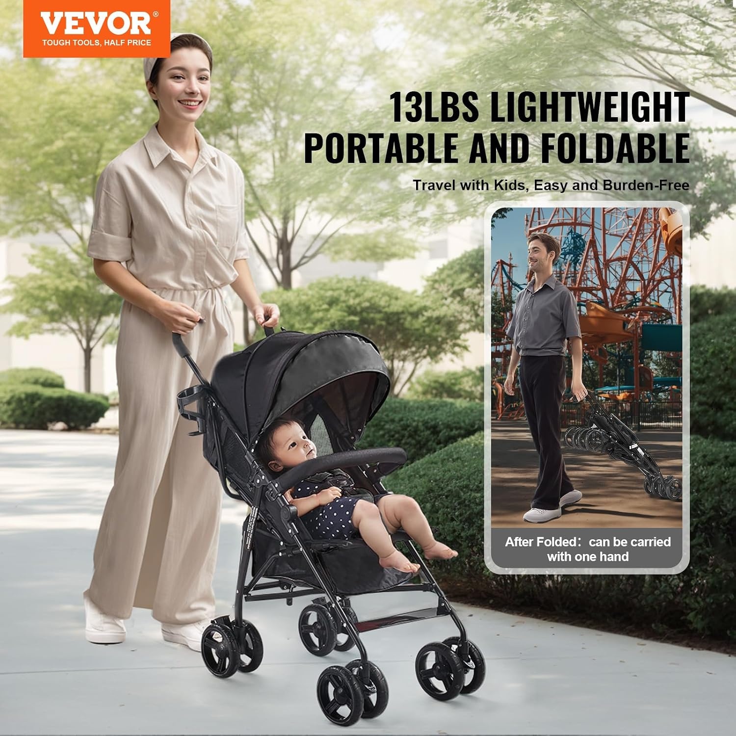image:imageVEVOR Lightweight Stroller Compact Easy Fold Multiposition Recline Canopy Backrest Carbon Steel Frame Large Storage BasketCup Holder Umbrella Toddler Baby Stroller for Travel and More BlackBlack