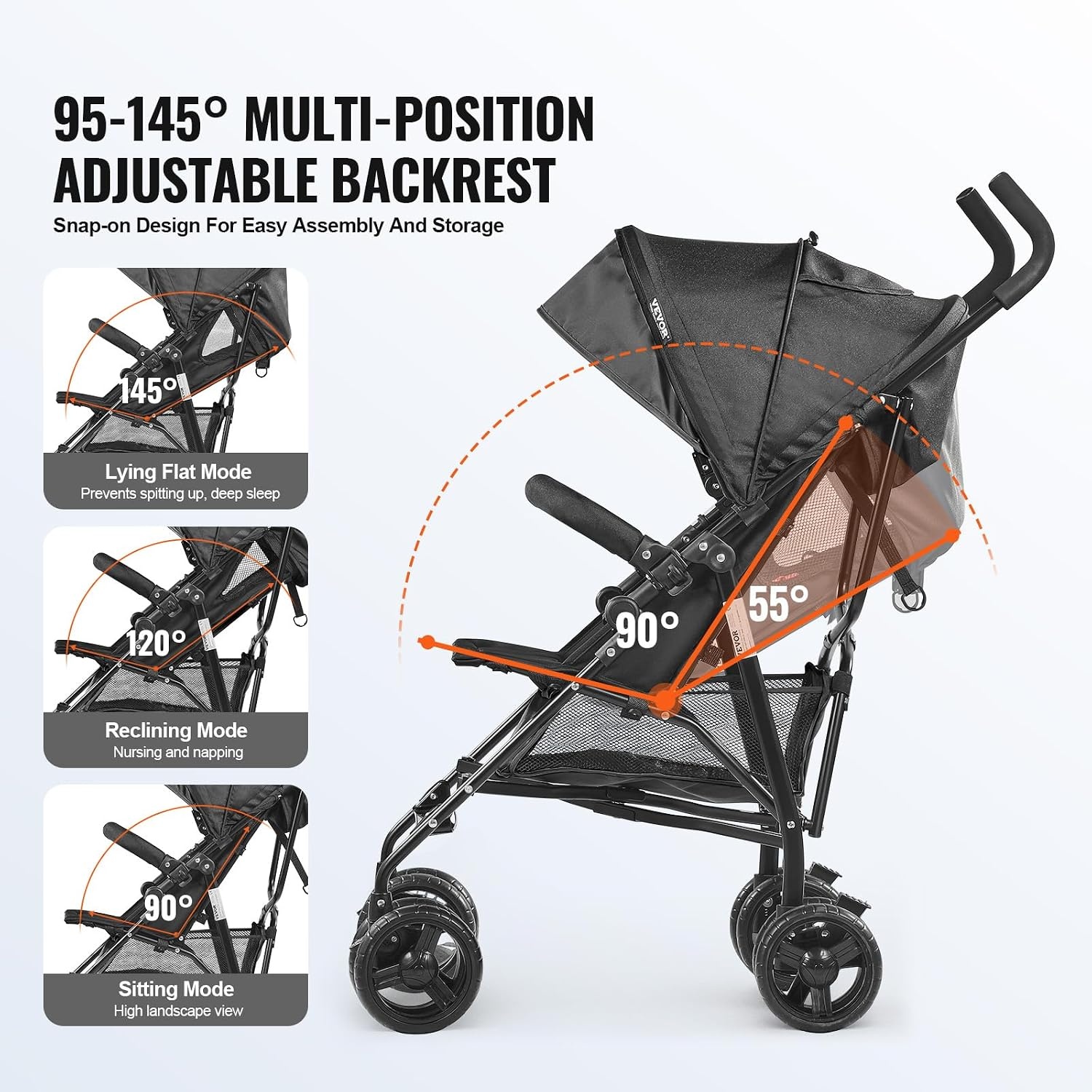 image:imageVEVOR Lightweight Stroller Compact Easy Fold Multiposition Recline Canopy Backrest Carbon Steel Frame Large Storage BasketCup Holder Umbrella Toddler Baby Stroller for Travel and More BlackBlack