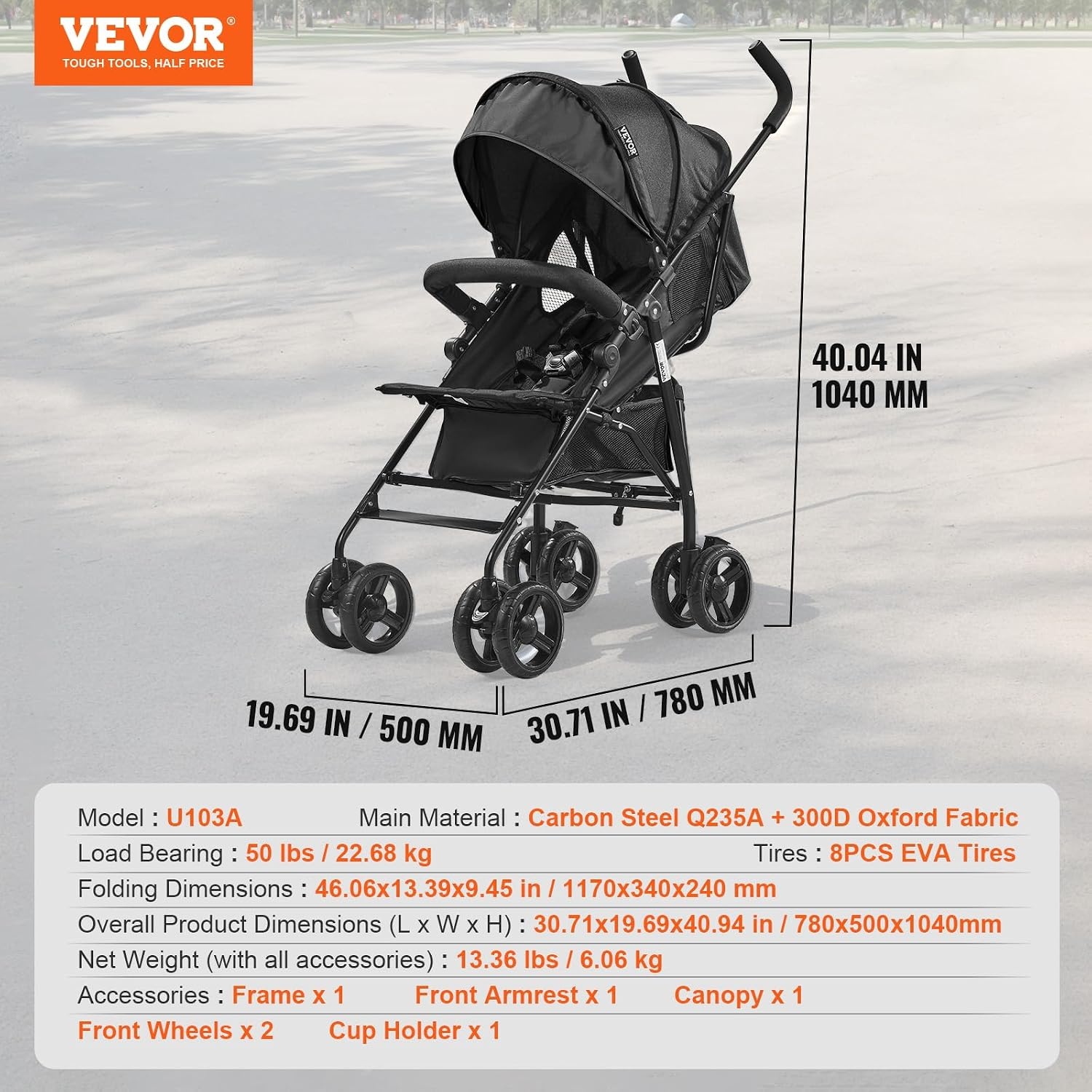 image:imageVEVOR Lightweight Stroller Compact Easy Fold Multiposition Recline Canopy Backrest Carbon Steel Frame Large Storage BasketCup Holder Umbrella Toddler Baby Stroller for Travel and More BlackBlack