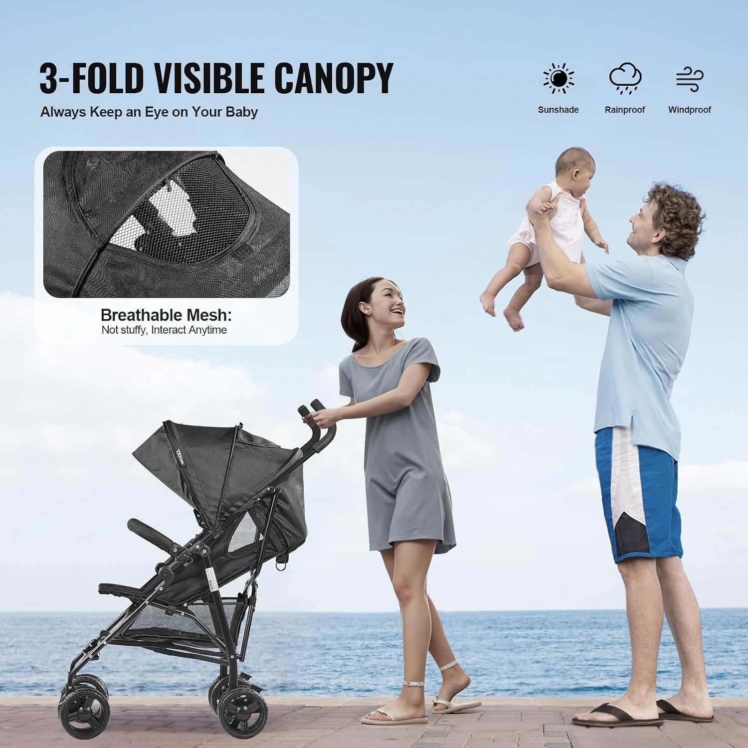 image:imageVEVOR Lightweight Stroller Compact Easy Fold Multiposition Recline Canopy Backrest Carbon Steel Frame Large Storage BasketCup Holder Umbrella Toddler Baby Stroller for Travel and More BlackBlack