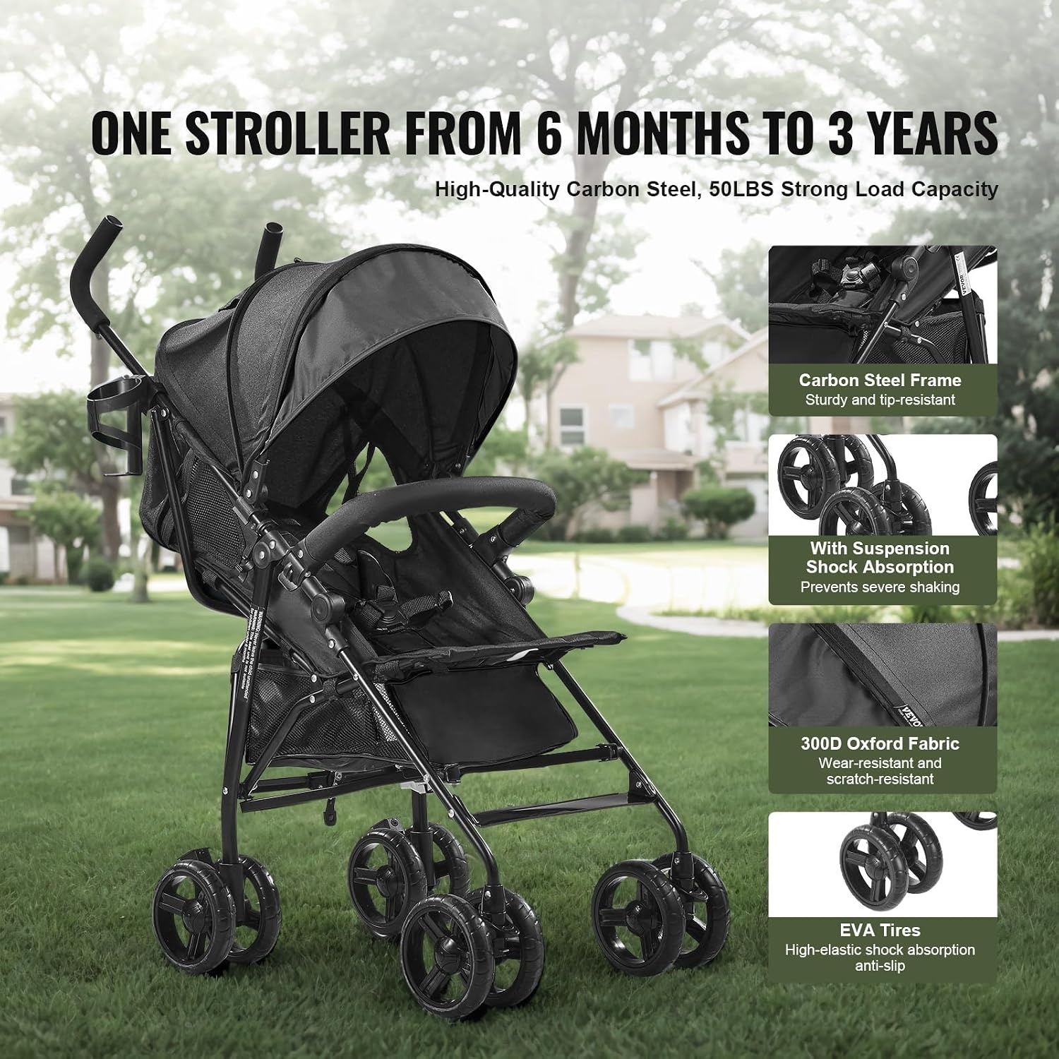 image:imageVEVOR Lightweight Stroller Compact Easy Fold Multiposition Recline Canopy Backrest Carbon Steel Frame Large Storage BasketCup Holder Umbrella Toddler Baby Stroller for Travel and More BlackBlack