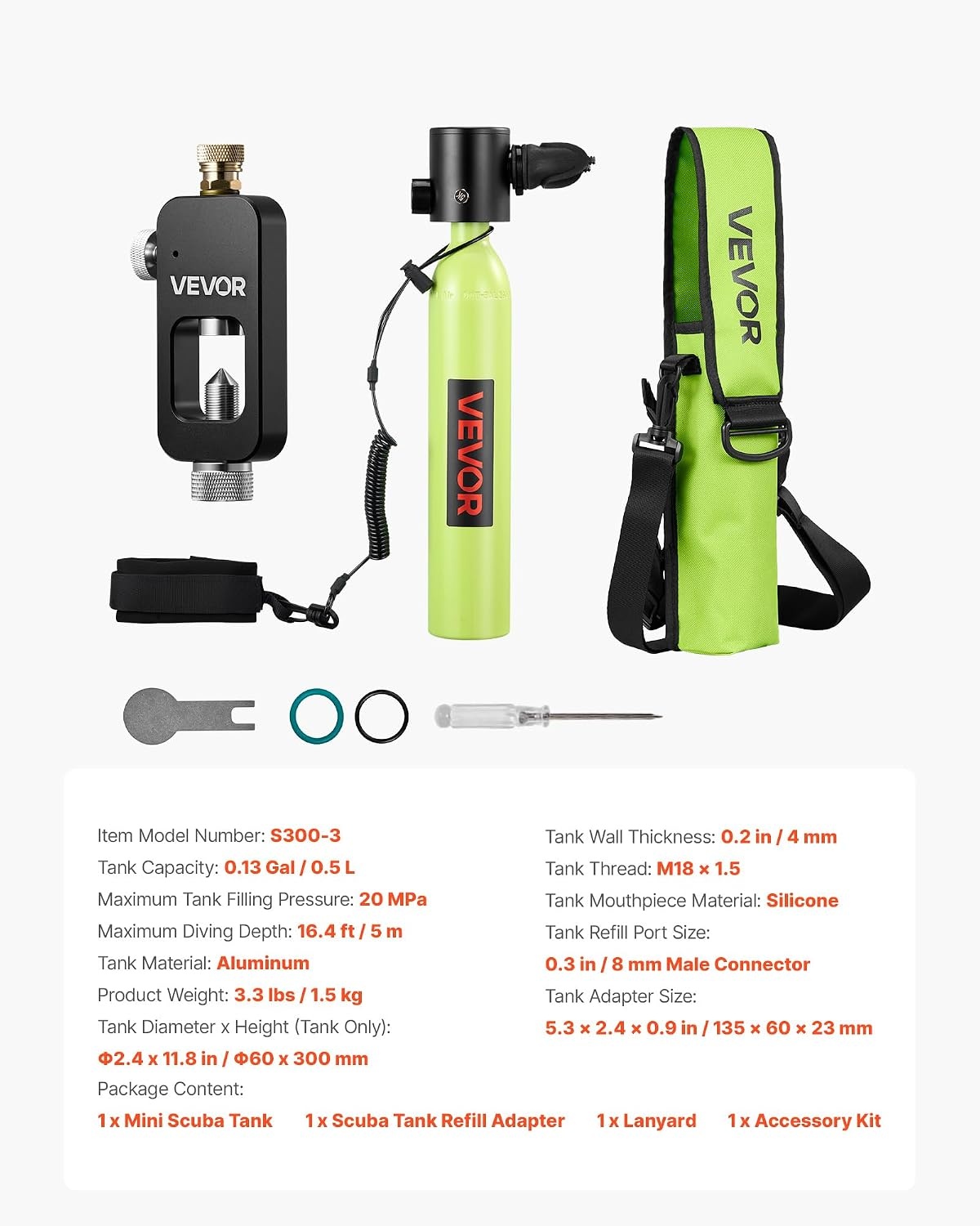 image:imageVEVOR Mini Scuba Tank 05L Portable Diving Tank for Underwater Breathing Reusable Lung Diving Cylinder up to 10 Minutes Dive Time Emergency Rescue Pony Bottle with Refill Adapter for Snorkeling