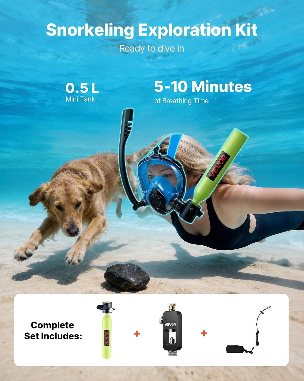 image:imageVEVOR Mini Scuba Tank 05L Portable Diving Tank for Underwater Breathing Reusable Lung Diving Cylinder up to 10 Minutes Dive Time Emergency Rescue Pony Bottle with Refill Adapter for Snorkeling