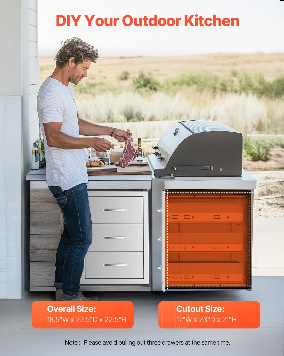 image:imageVEVOR Outdoor Kitchen Drawers 185 W x 225 H x 225 D Triple Access Drawers Stainless Steel Flush Mount Cabinets BBQ Island Storage with Handle for Outdoor Kitchens or Patio Grill Station