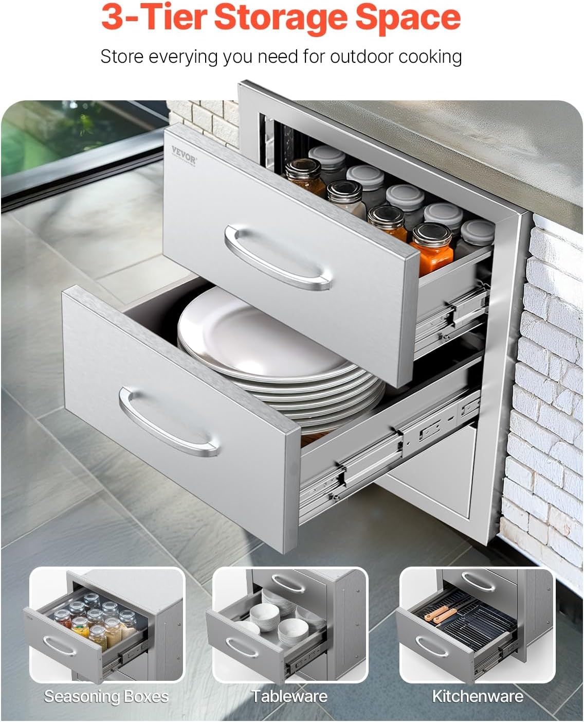 image:imageVEVOR Outdoor Kitchen Drawers 185 W x 225 H x 225 D Triple Access Drawers Stainless Steel Flush Mount Cabinets BBQ Island Storage with Handle for Outdoor Kitchens or Patio Grill Station