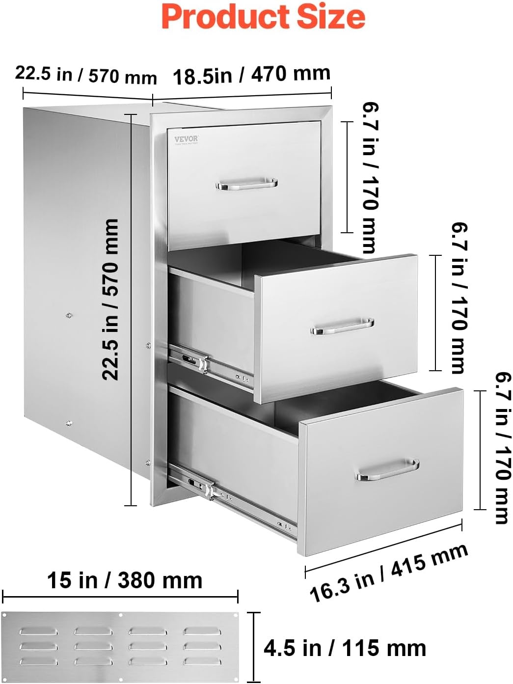 image:imageVEVOR Outdoor Kitchen Drawers 185 W x 225 H x 225 D Triple Access Drawers Stainless Steel Flush Mount Cabinets BBQ Island Storage with Handle for Outdoor Kitchens or Patio Grill Station