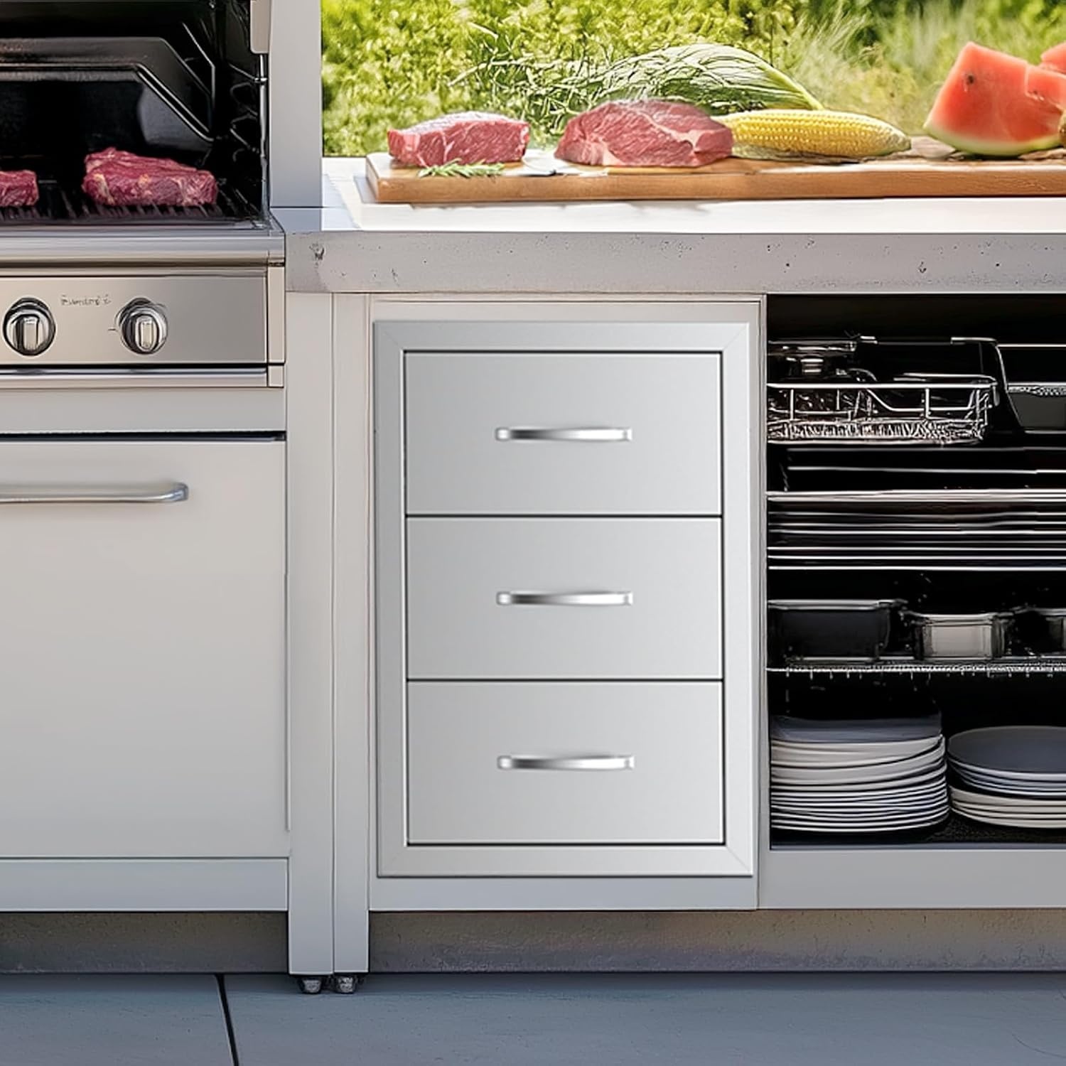 image:imageVEVOR Outdoor Kitchen Drawers 185 W x 225 H x 225 D Triple Access Drawers Stainless Steel Flush Mount Cabinets BBQ Island Storage with Handle for Outdoor Kitchens or Patio Grill Station