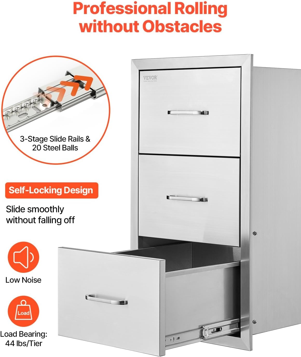 image:imageVEVOR Outdoor Kitchen Drawers 185 W x 225 H x 225 D Triple Access Drawers Stainless Steel Flush Mount Cabinets BBQ Island Storage with Handle for Outdoor Kitchens or Patio Grill Station