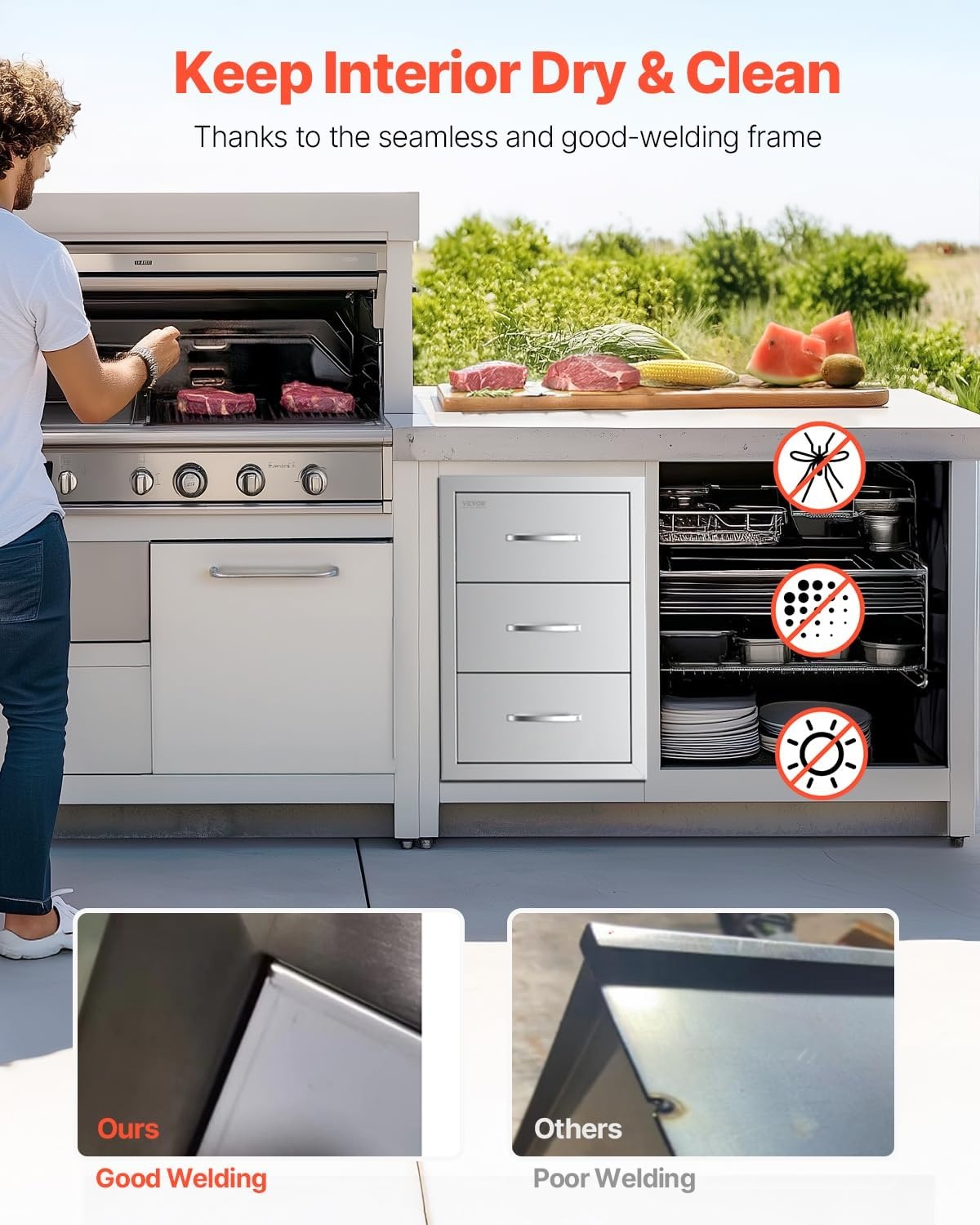 image:imageVEVOR Outdoor Kitchen Drawers 185 W x 225 H x 225 D Triple Access Drawers Stainless Steel Flush Mount Cabinets BBQ Island Storage with Handle for Outdoor Kitchens or Patio Grill Station