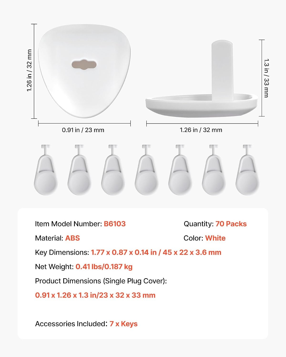image:imageVEVOR Outlet Covers 70 Pack Plug Covers for Electrical Outlets Secure Electric Socket Protector Caps with Shock Prevention Easy Installation Insulated ABS for Home Wall Power Sockets White