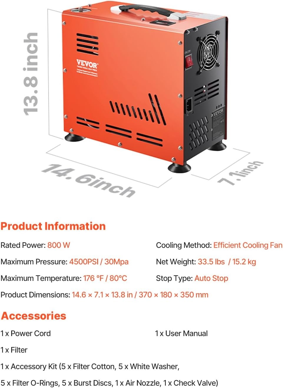 image:imageVEVOR PCP Air Compressor 4500PSI30Mpa Portable PCP Airgun Compressor with External Converter DC12V AC115V Oil amp WaterFree ManualStop Air Rifle Paintball and Scuba Tank Compressor Pump800W Auto Stop