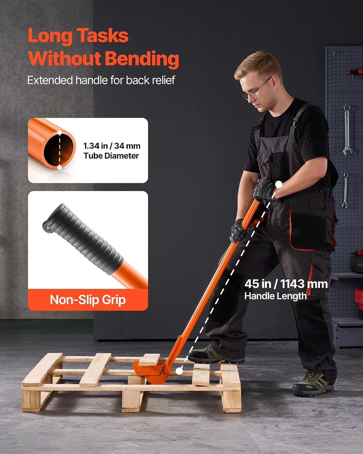 image:imageVEVOR Pallet Buster Too with 45 Carbon Steel Handle Heavy Duty Wrecking Pry Bar Articulating Head Deck Board Removal Tool for NonDamaging Wooden Pallet amp Deck Removal45 Long Handle
