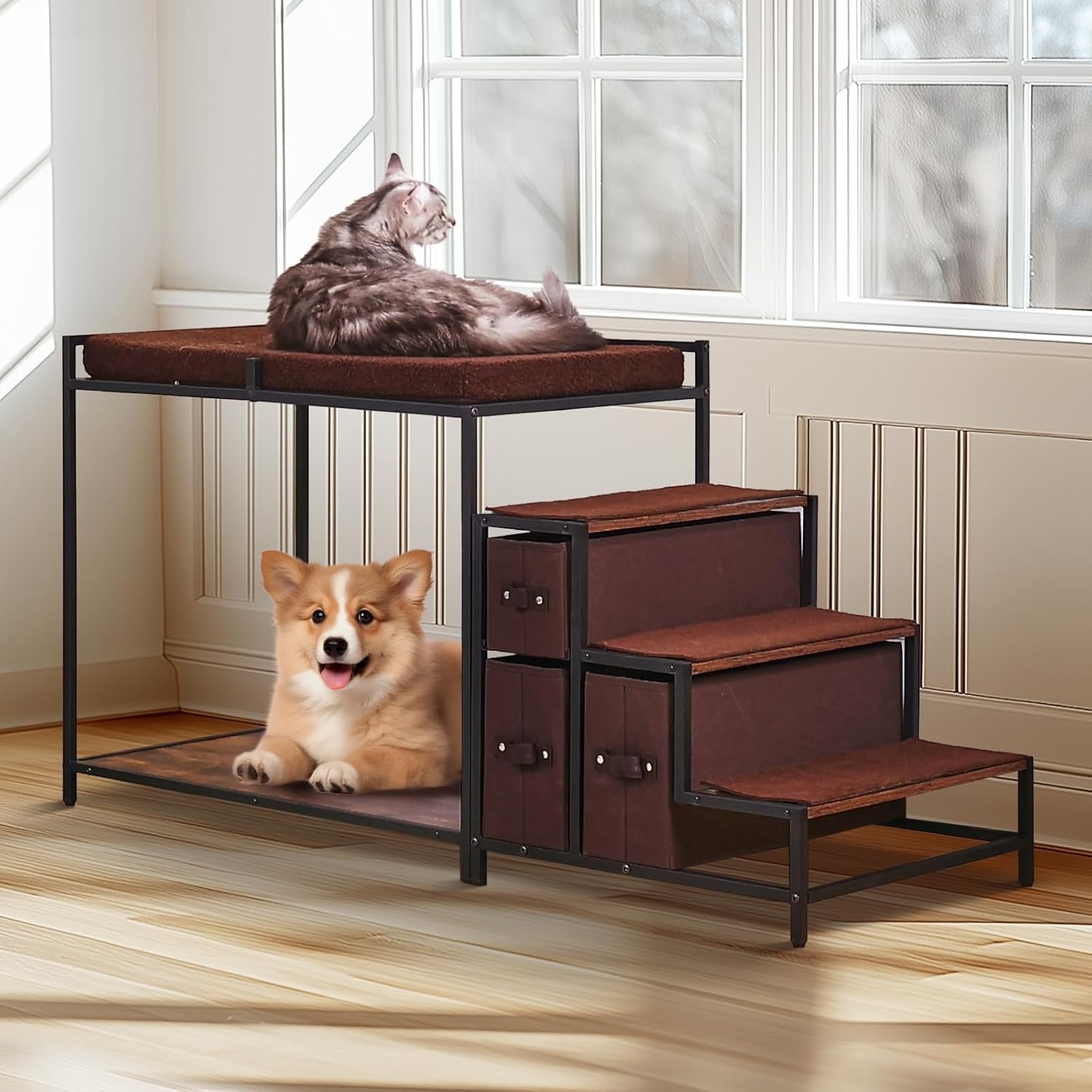 image:imageVEVOR Pet Bunk Bed with Removable Stairs DogCat Window Perch with Storage MultiLevel Bed Window Perch Dog Bedside Sleeper Couch Small Pet Seat Platform Indoor Use Rustic BrownDark Brown