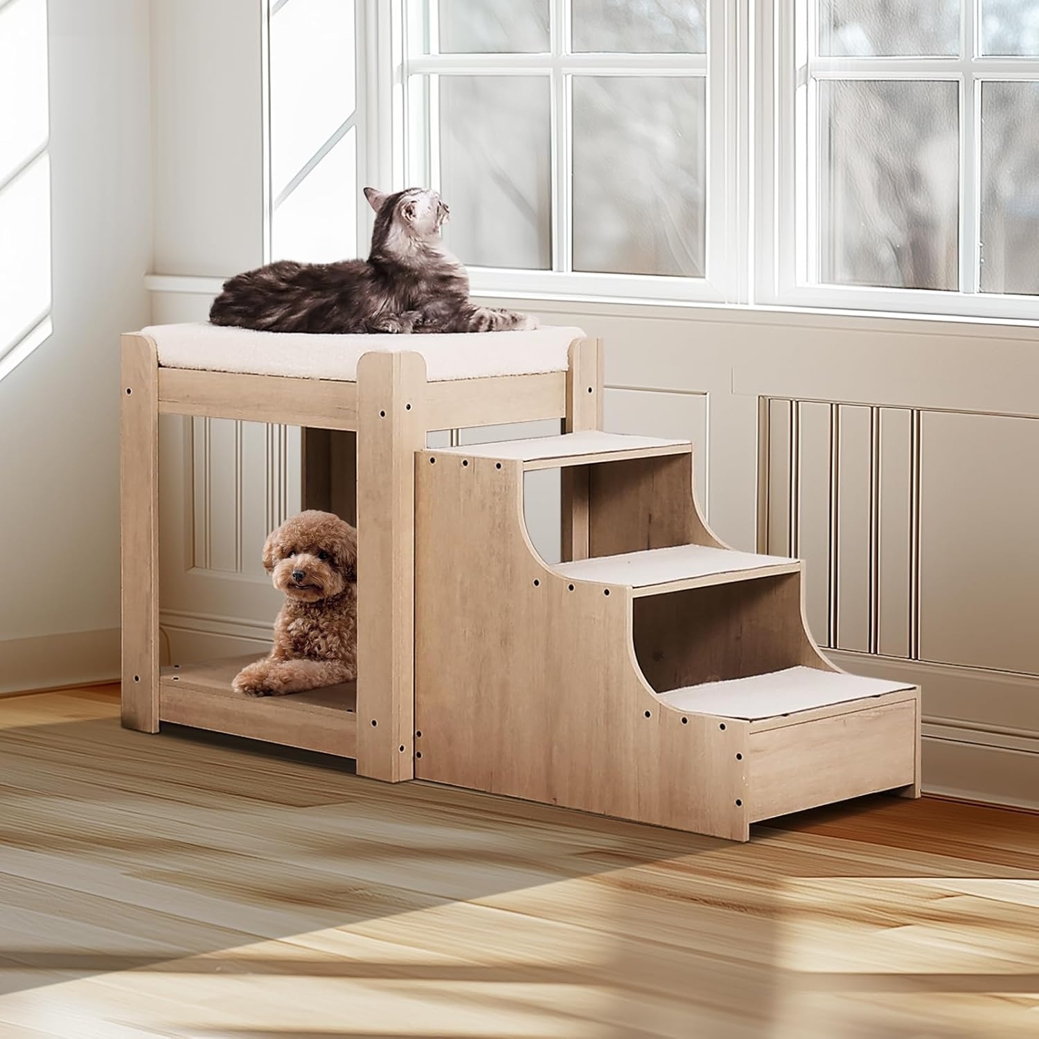 image:imageVEVOR Pet Bunk Bed with Removable Stairs DogCat Window Perch with Storage MultiLevel Bed Window Perch Dog Bedside Sleeper Couch Small Pet Seat Platform Indoor Use Rustic BrownBeige