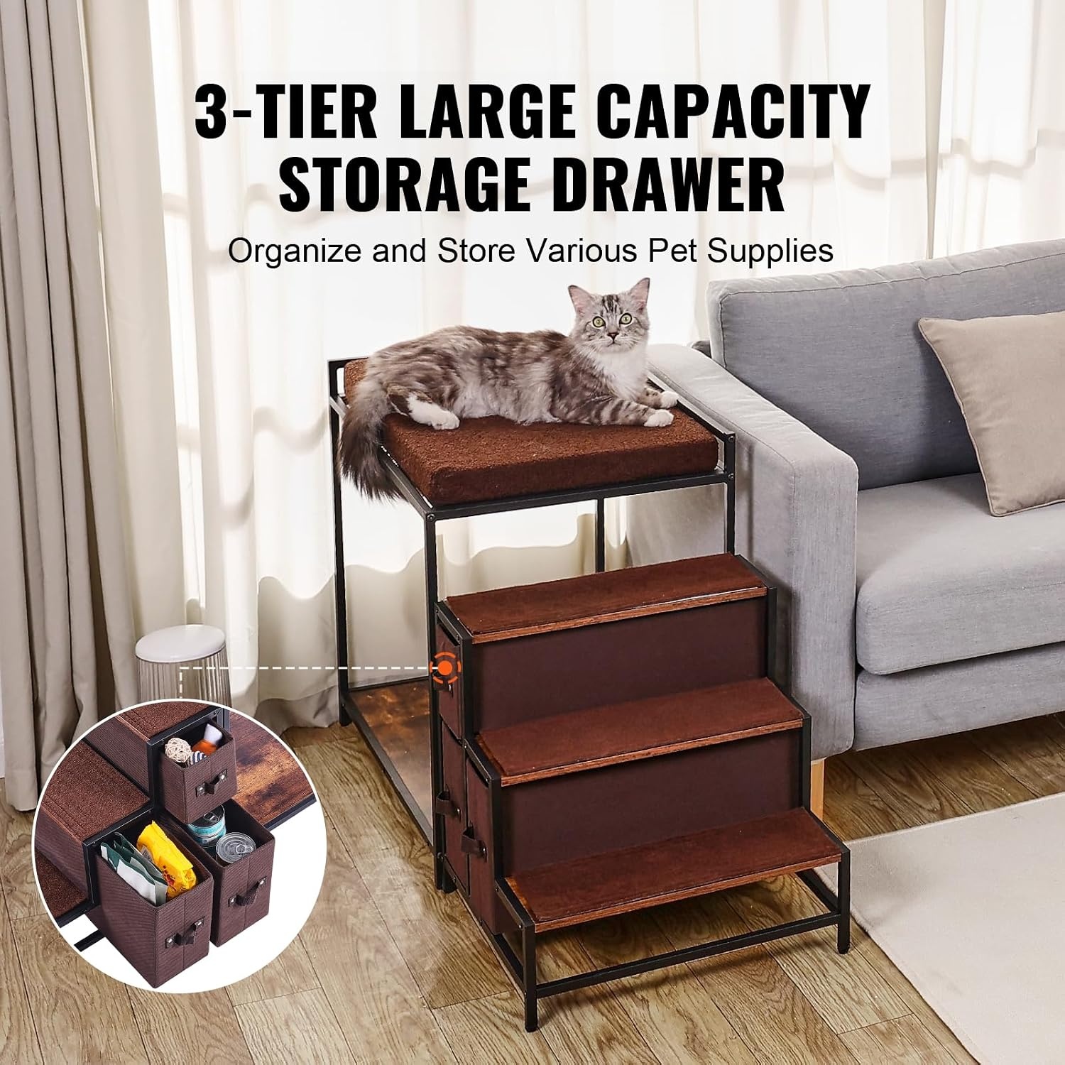 image:imageVEVOR Pet Bunk Bed with Removable Stairs DogCat Window Perch with Storage MultiLevel Bed Window Perch Dog Bedside Sleeper Couch Small Pet Seat Platform Indoor Use Rustic BrownDark Brown