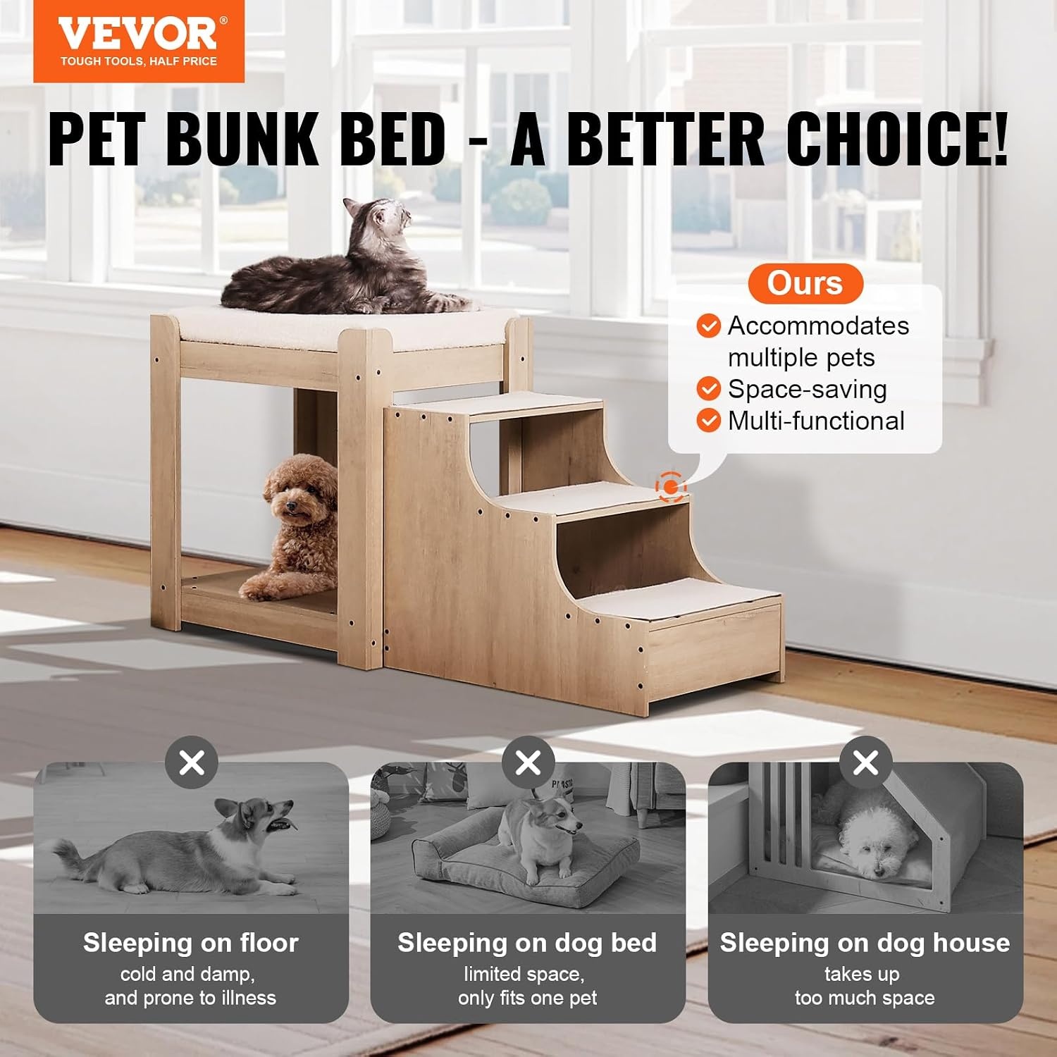 image:imageVEVOR Pet Bunk Bed with Removable Stairs DogCat Window Perch with Storage MultiLevel Bed Window Perch Dog Bedside Sleeper Couch Small Pet Seat Platform Indoor Use Rustic BrownBeige
