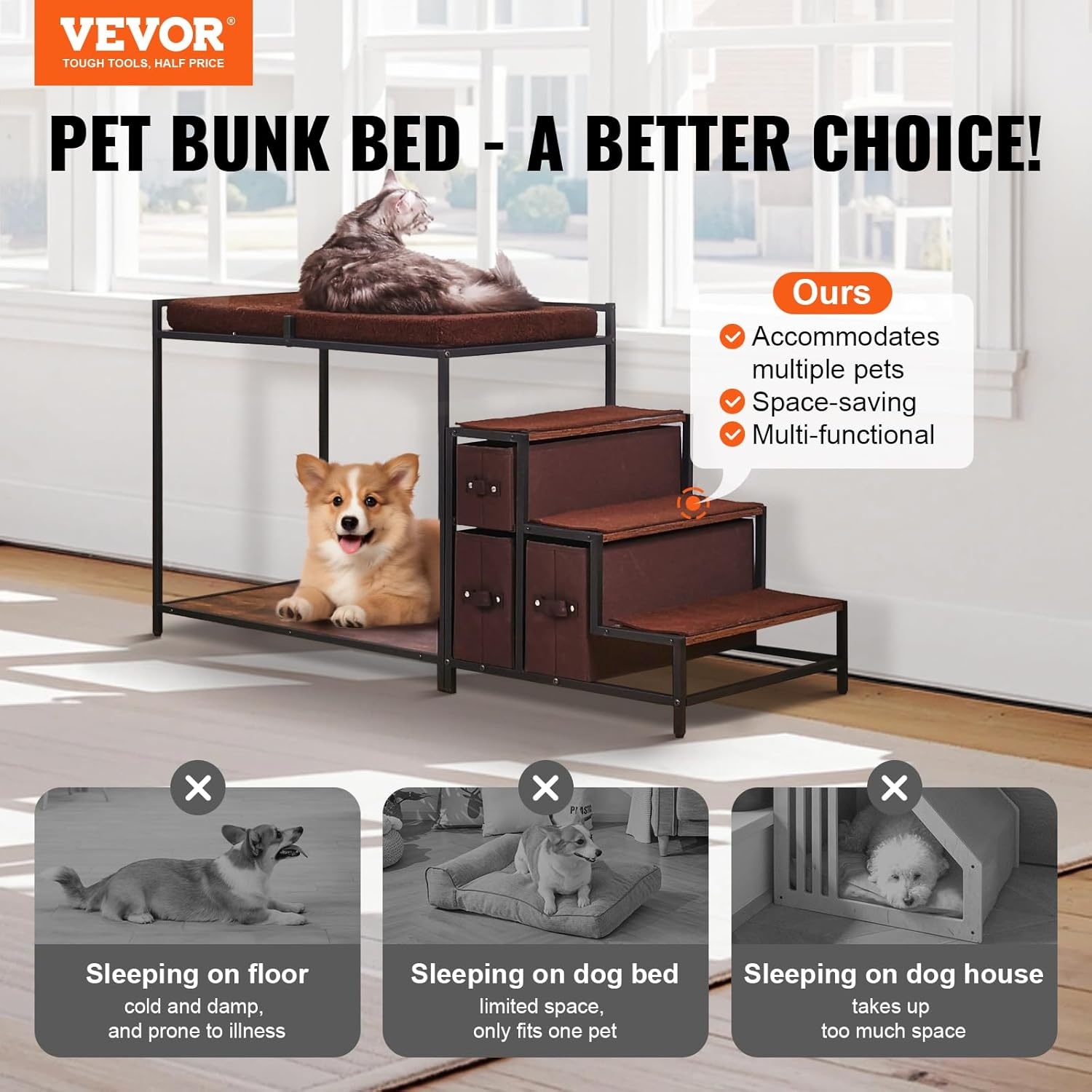 image:imageVEVOR Pet Bunk Bed with Removable Stairs DogCat Window Perch with Storage MultiLevel Bed Window Perch Dog Bedside Sleeper Couch Small Pet Seat Platform Indoor Use Rustic BrownDark Brown
