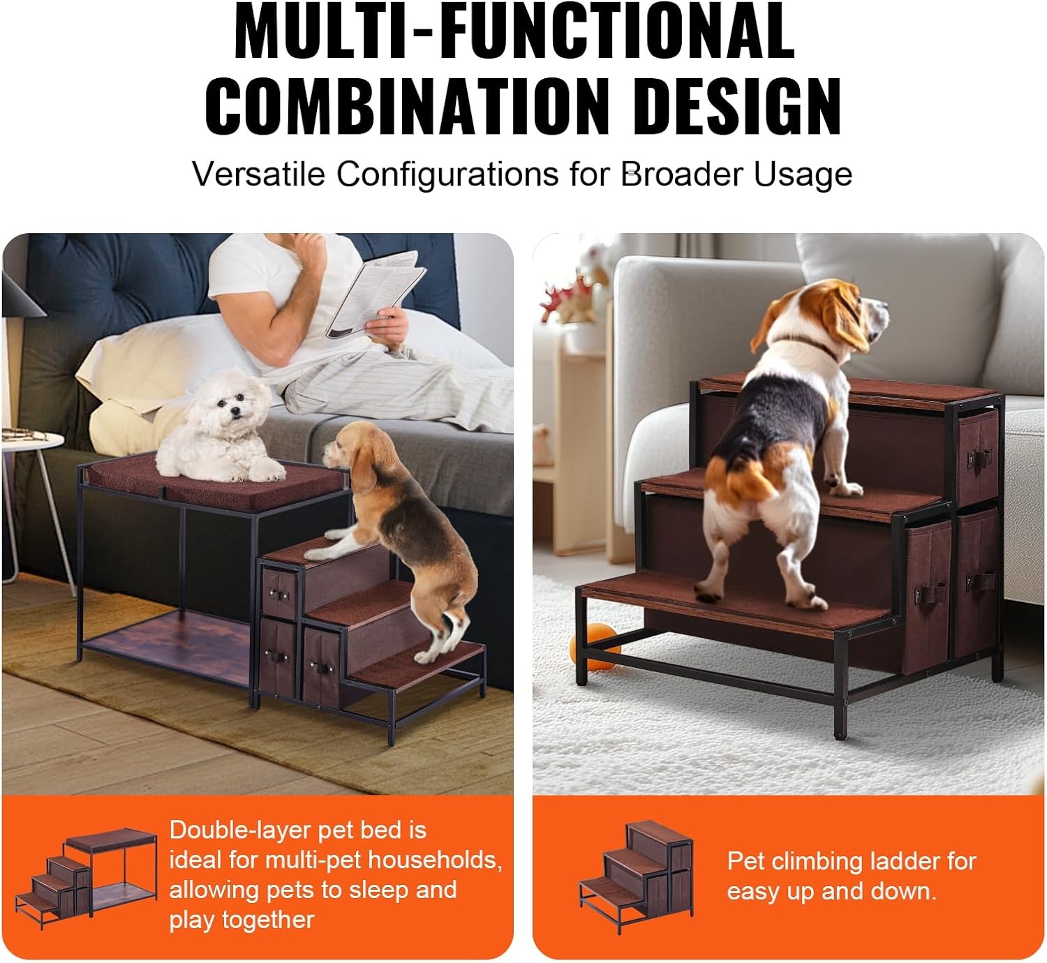 image:imageVEVOR Pet Bunk Bed with Removable Stairs DogCat Window Perch with Storage MultiLevel Bed Window Perch Dog Bedside Sleeper Couch Small Pet Seat Platform Indoor Use Rustic BrownDark Brown