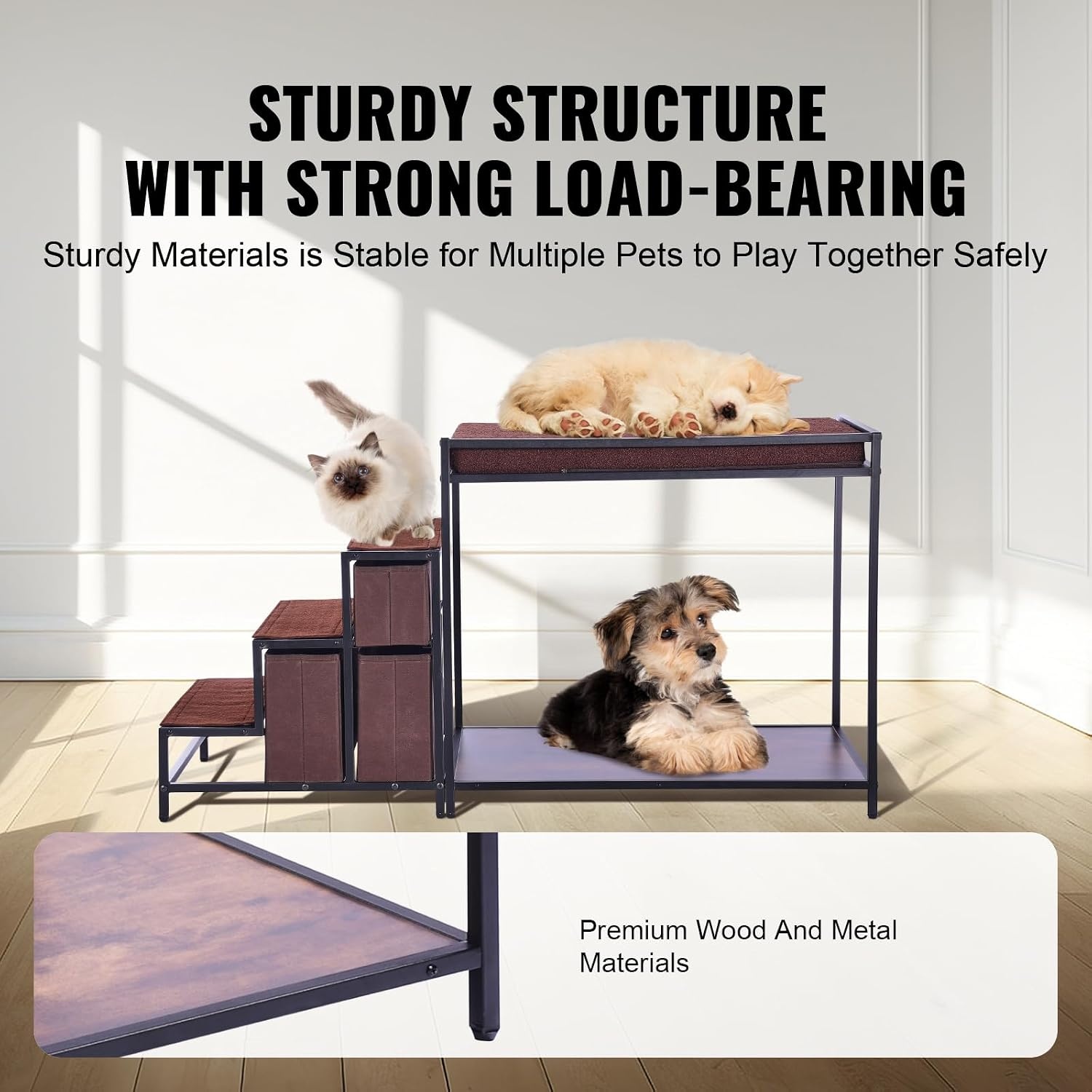 image:imageVEVOR Pet Bunk Bed with Removable Stairs DogCat Window Perch with Storage MultiLevel Bed Window Perch Dog Bedside Sleeper Couch Small Pet Seat Platform Indoor Use Rustic BrownDark Brown