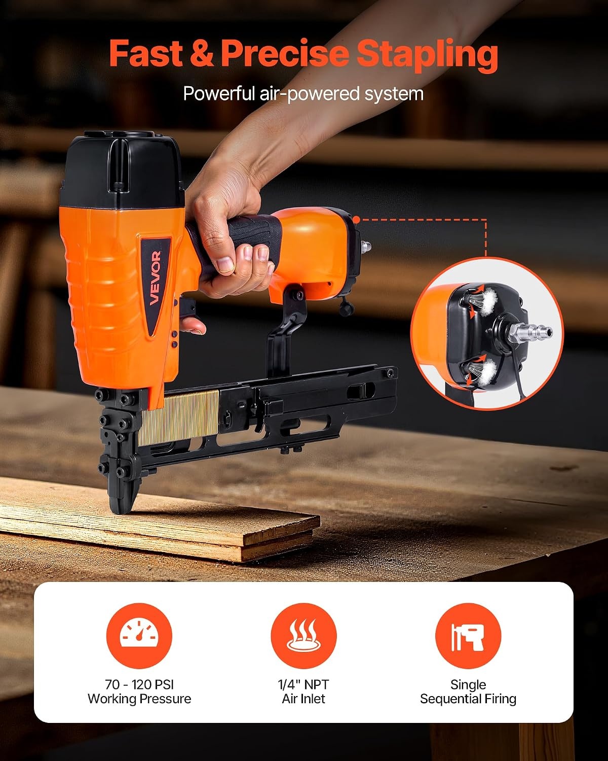 image:imageVEVOR Pneumatic Staple Gun 16 Gauge 716inch Medium Crown Pneumatic Stapler 1 to 2 Length 70120PSI Heavy Duty AirPowered Staple Gun for Roof Decking Wall Sheathing Fencing and Subflooringlarge