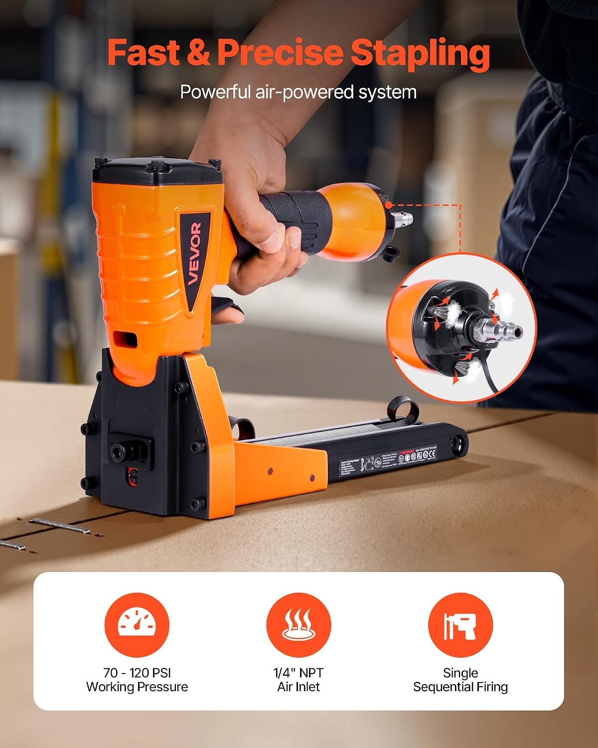 image:imageVEVOR Pneumatic Staple Gun 16 Gauge 716inch Medium Crown Pneumatic Stapler 1 to 2 Length 70120PSI Heavy Duty AirPowered Staple Gun for Roof Decking Wall Sheathing Fencing and Subflooringxlarge