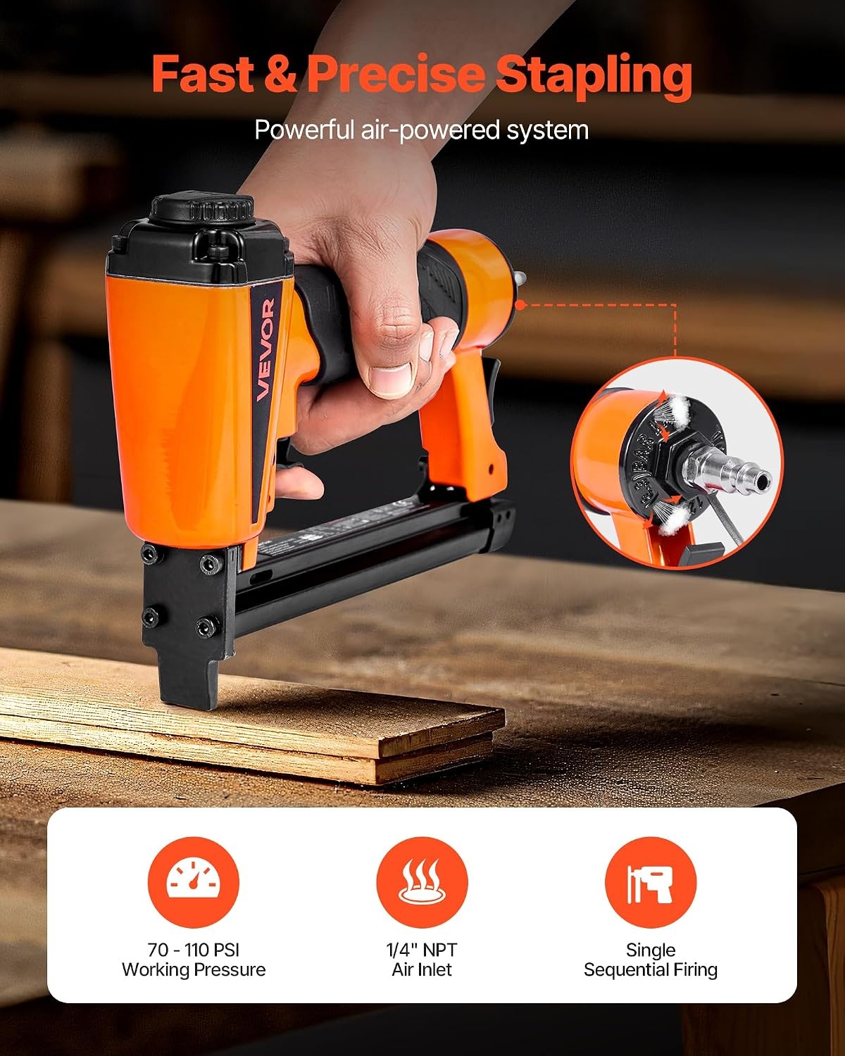 image:imageVEVOR Pneumatic Staple Gun 16 Gauge 716inch Medium Crown Pneumatic Stapler 1 to 2 Length 70120PSI Heavy Duty AirPowered Staple Gun for Roof Decking Wall Sheathing Fencing and Subflooringxsmall