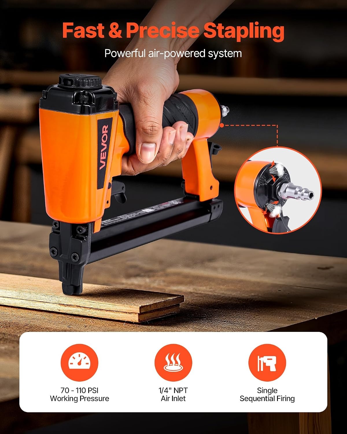 image:imageVEVOR Pneumatic Staple Gun 16 Gauge 716inch Medium Crown Pneumatic Stapler 1 to 2 Length 70120PSI Heavy Duty AirPowered Staple Gun for Roof Decking Wall Sheathing Fencing and Subflooringsmall