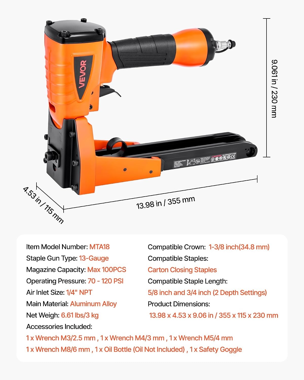 image:imageVEVOR Pneumatic Staple Gun 16 Gauge 716inch Medium Crown Pneumatic Stapler 1 to 2 Length 70120PSI Heavy Duty AirPowered Staple Gun for Roof Decking Wall Sheathing Fencing and Subflooringxlarge