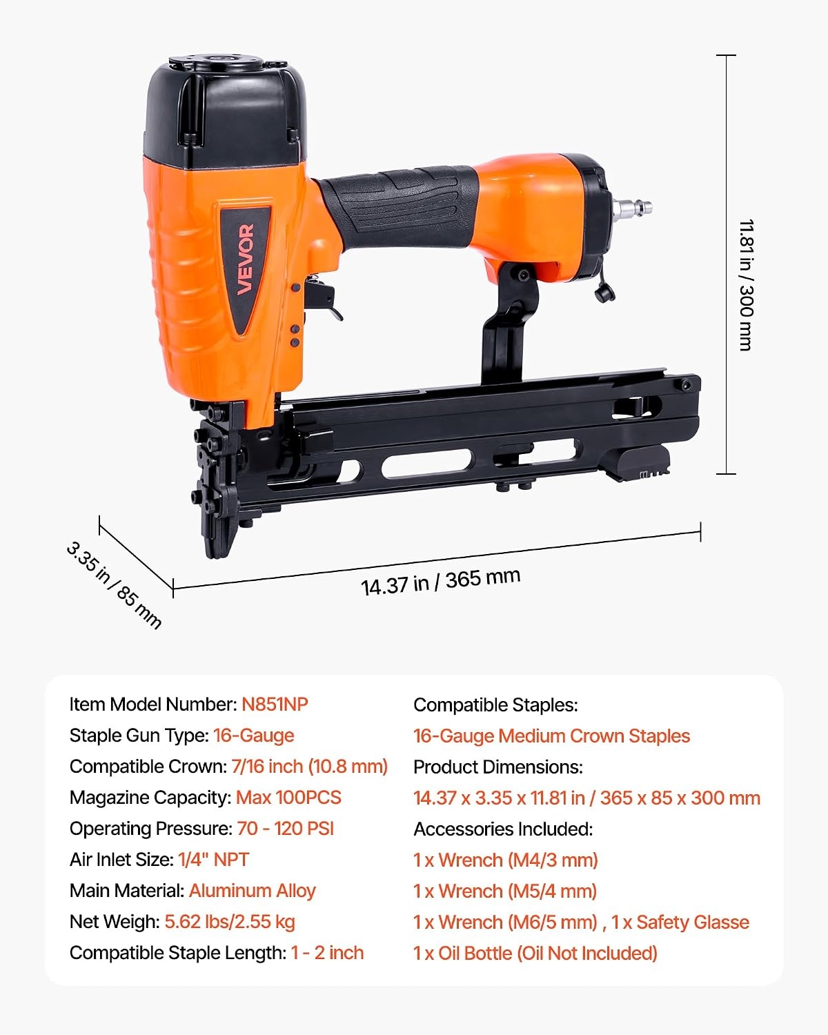 image:imageVEVOR Pneumatic Staple Gun 16 Gauge 716inch Medium Crown Pneumatic Stapler 1 to 2 Length 70120PSI Heavy Duty AirPowered Staple Gun for Roof Decking Wall Sheathing Fencing and Subflooringlarge