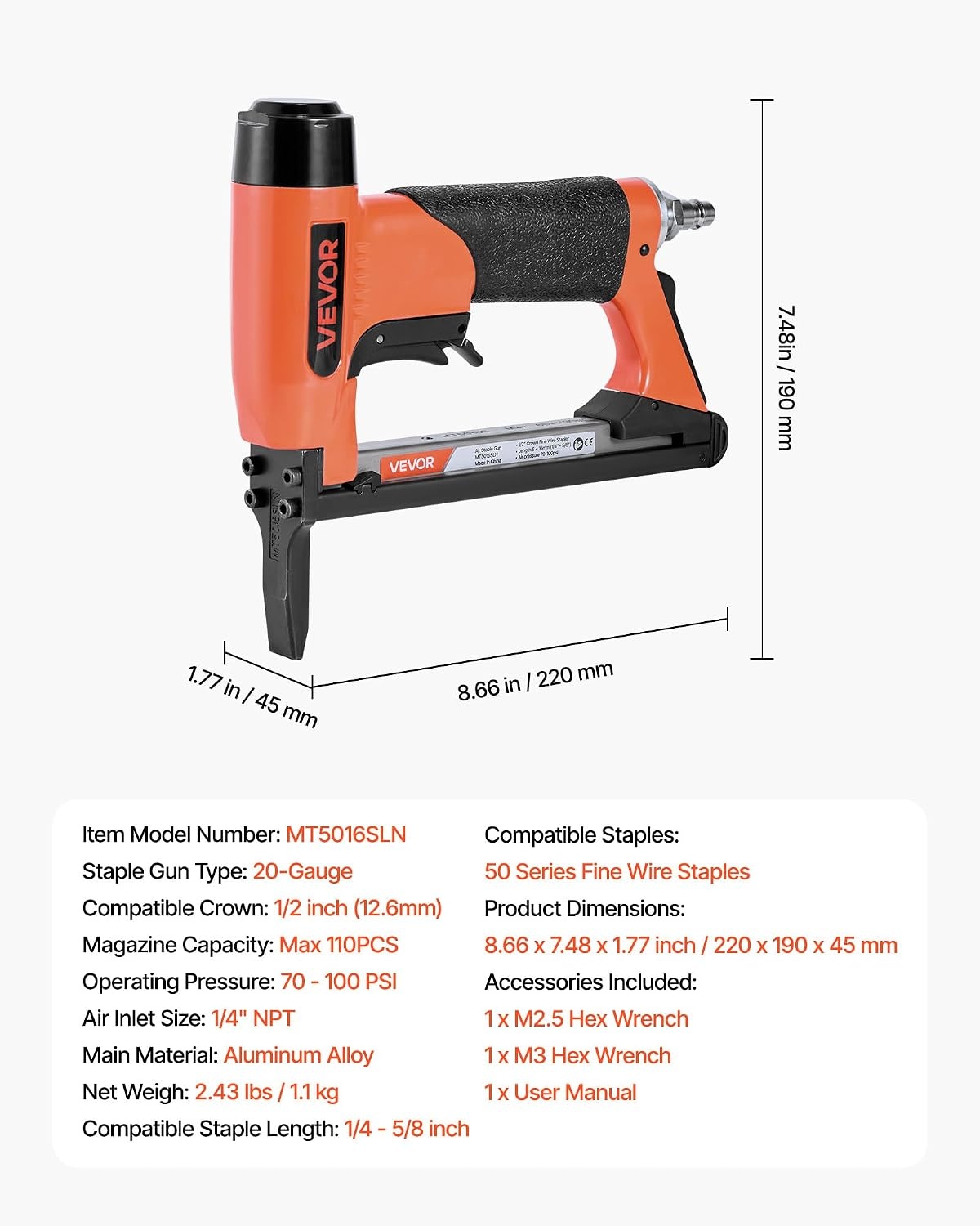 image:imageVEVOR Pneumatic Staple Gun 20 Gauge LongNose Upholstery Stapler for 50 Series Fine Wire Staples 12inch Crown 1458 Length Max 110PCS Loading Air Staple Gun for Upholstering Woodworking DIY
