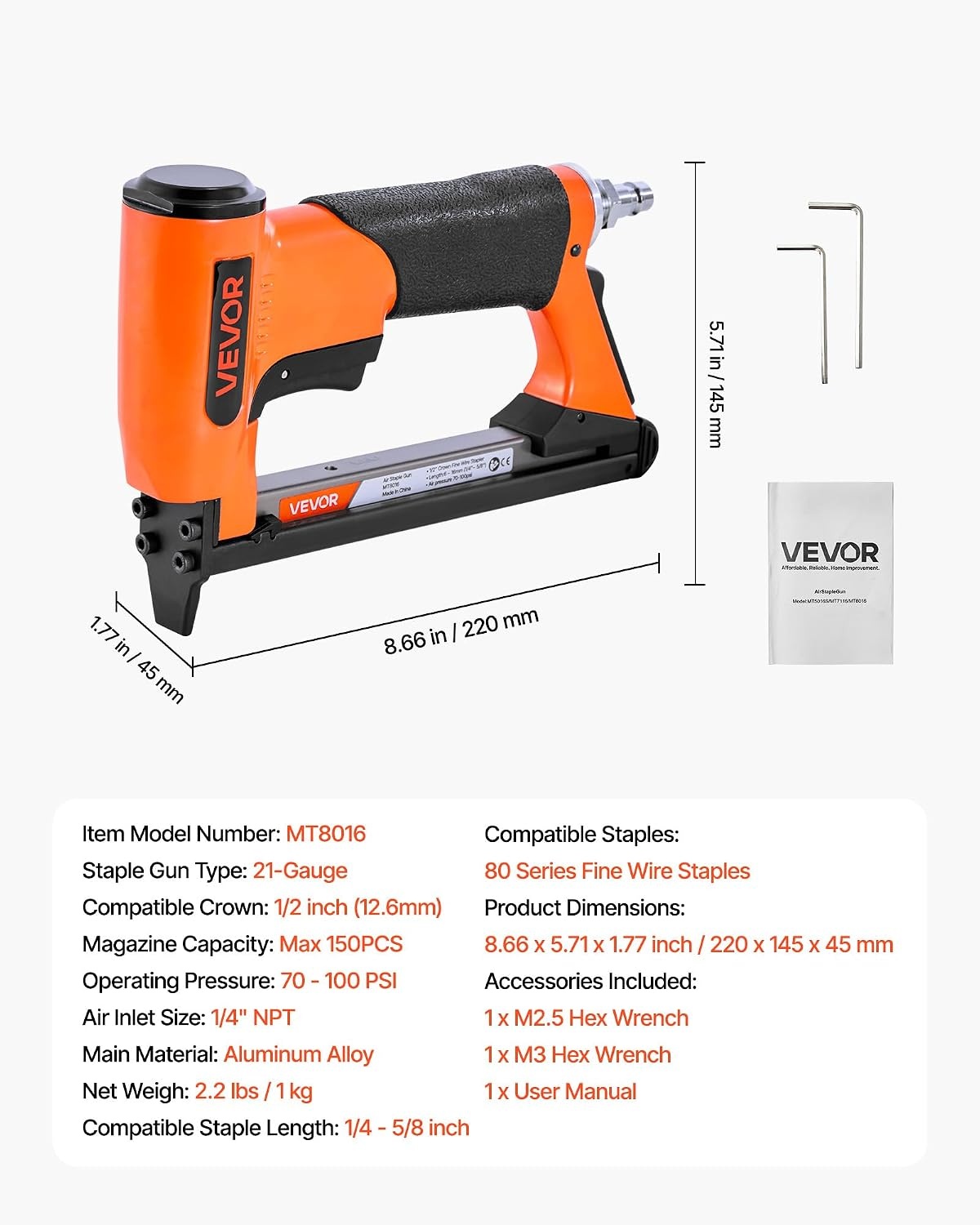 image:imageVEVOR Pneumatic Staple Gun 21 Gauge Air Upholstery Stapler for 80 Series Fine Wire Staples 12 Crown 1458 Length Max 150PCS Loading Air Staple Gun for Upholstering Woodworking DIY Projects