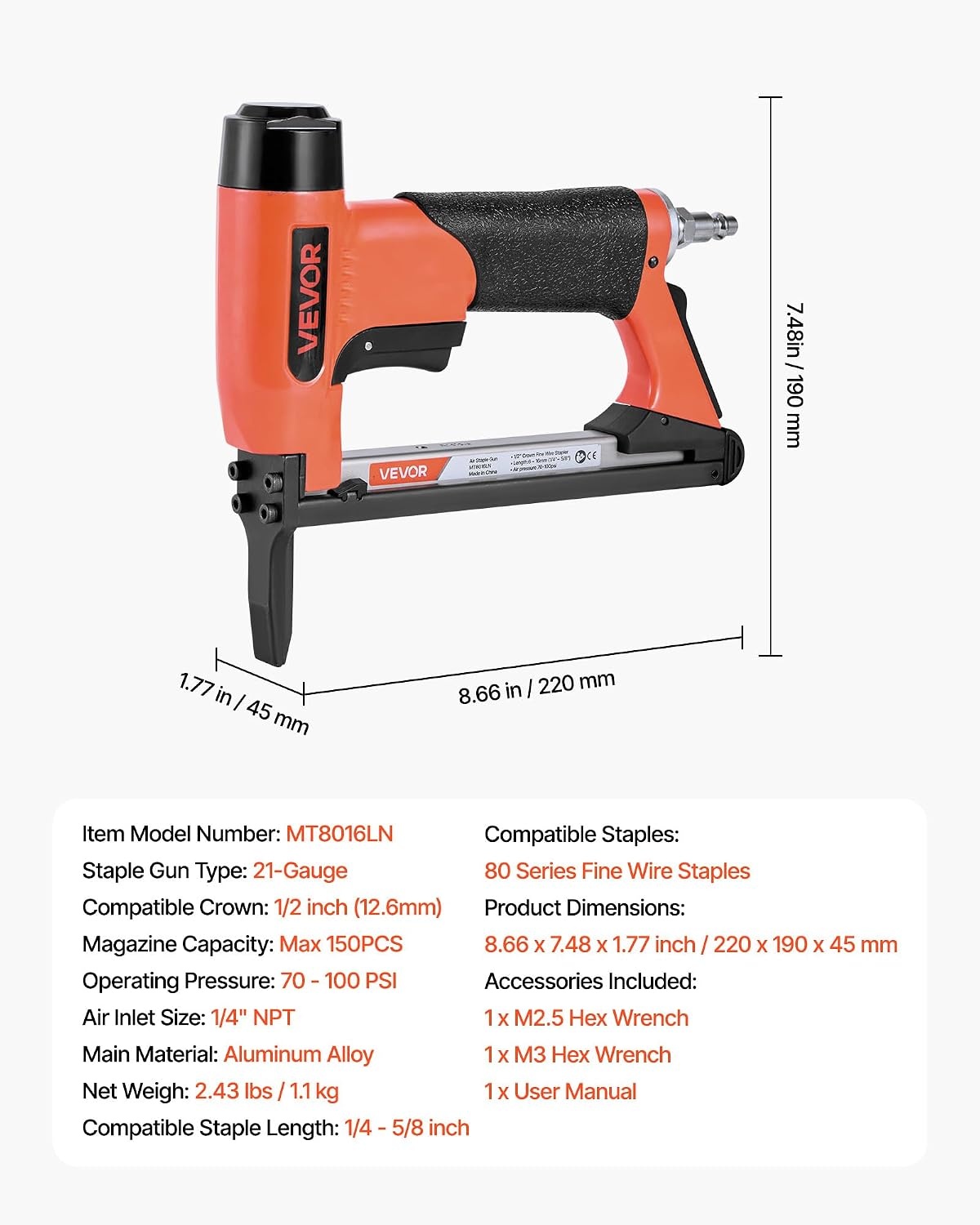 image:imageVEVOR Pneumatic Staple Gun 21 Gauge LongNose Upholstery Stapler for 80 Series Fine Wire Staples 12inch Crown 1458 Length Max 150PCS Loading Air Staple Gun for Upholstering Woodworking DIY