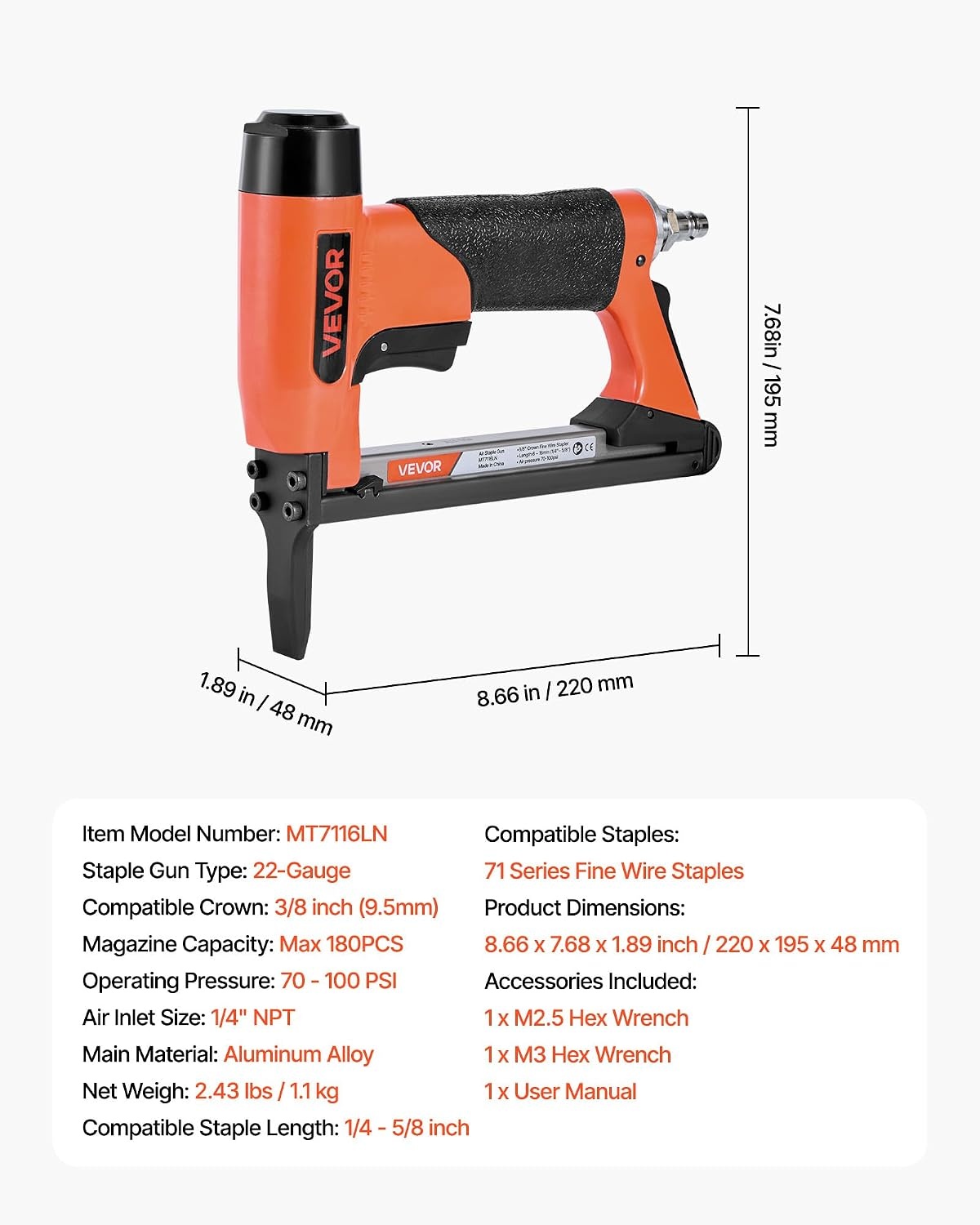 image:imageVEVOR Pneumatic Staple Gun 22 Gauge LongNose Upholstery Stapler for 71 Series Fine Wire Staples 38inch Crown 1458 Length Max 180PCS Loading Air Staple Gun for Upholstering Woodworking DIY