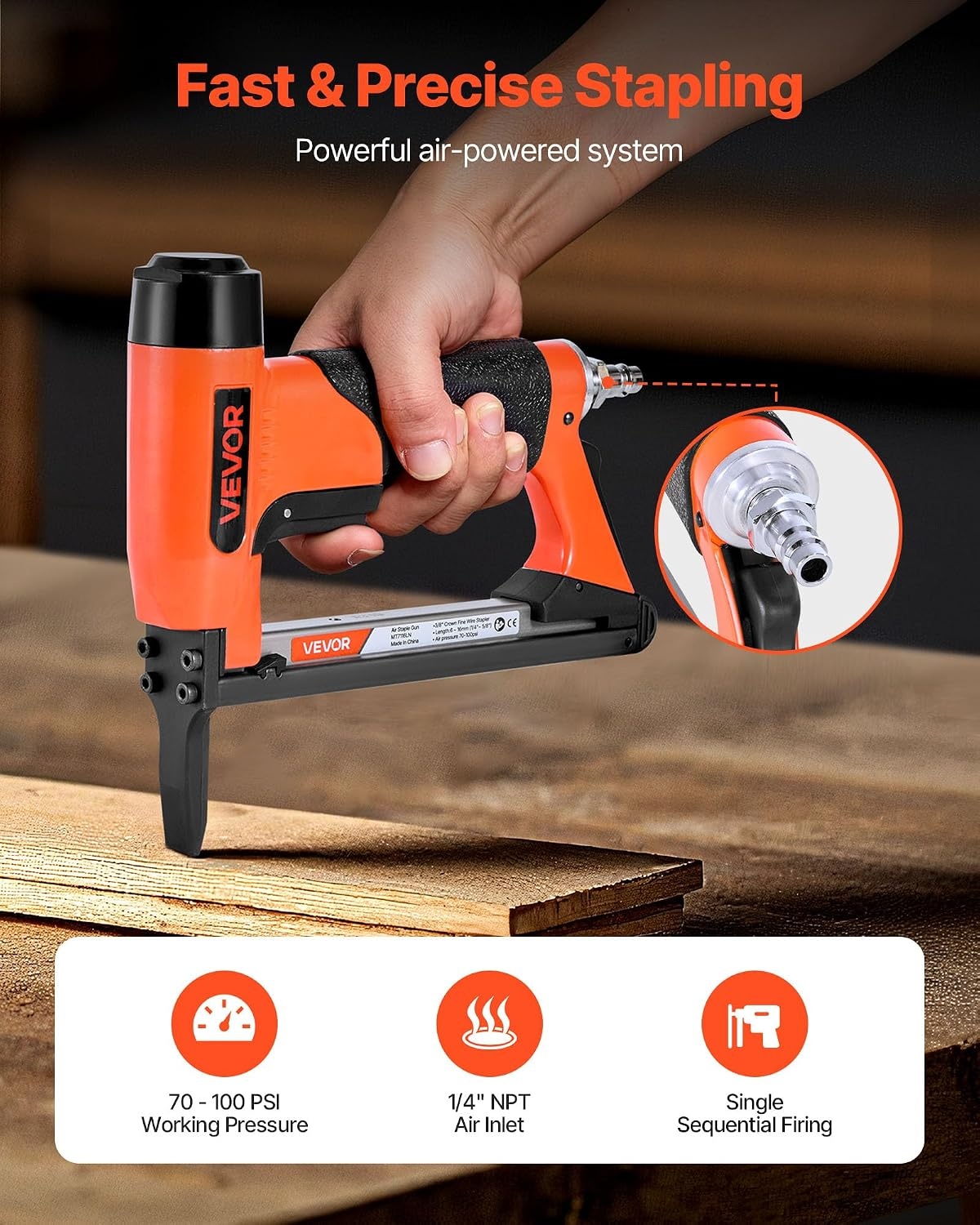 image:imageVEVOR Pneumatic Staple Gun 22 Gauge LongNose Upholstery Stapler for 71 Series Fine Wire Staples 38inch Crown 1458 Length Max 180PCS Loading Air Staple Gun for Upholstering Woodworking DIY