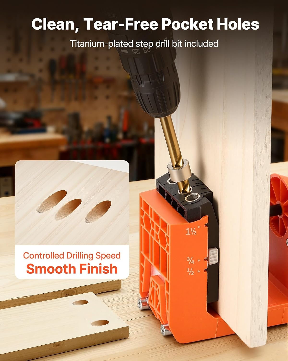 image:imageVEVOR Pocket Hole Jig Kit 12 to 112 in Adjustable Jig Pocket Hole System with Toolcase CClamp Step Drill Hex Wrench Drill Stop Ring Square Drive Bit Reinforced Metal Frame for WoodworkingBlack