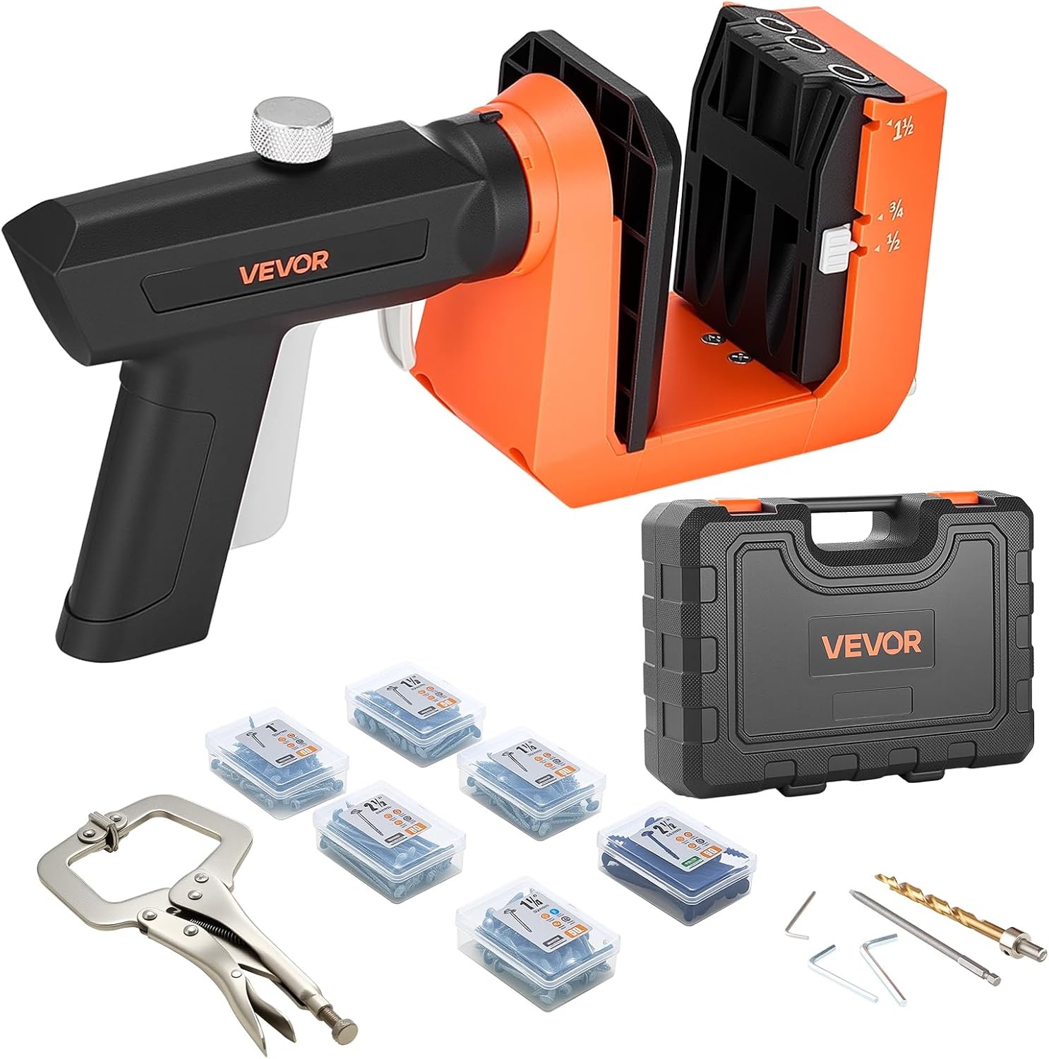 image:imageVEVOR Pocket Hole Jig Kit 12 to 112 in Adjustable Jig Pocket Hole System with Toolcase CClamp Step Drill Hex Wrench Drill Stop Ring Square Drive Bit Reinforced Metal Frame for WoodworkingBlack