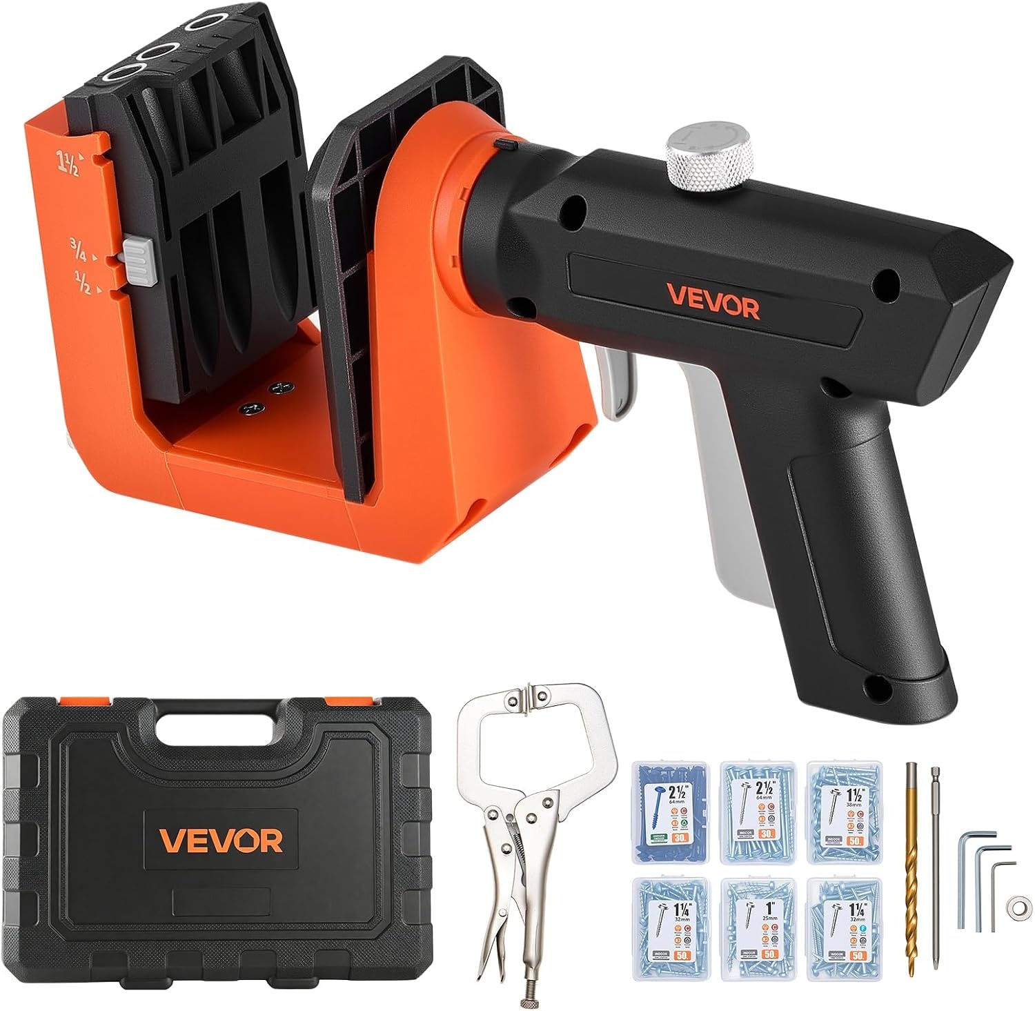 image:imageVEVOR Pocket Hole Jig Kit 12 to 112 in Adjustable Jig Pocket Hole System with Toolcase CClamp Step Drill Hex Wrench Drill Stop Ring Square Drive Bit Reinforced Metal Frame for WoodworkingBlack