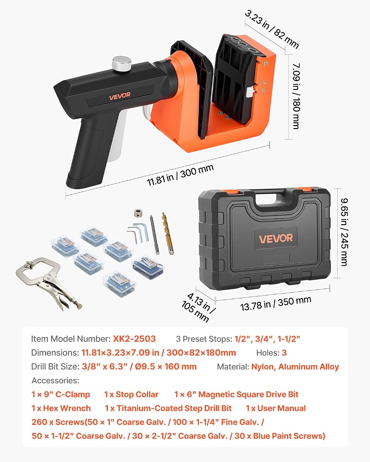 image:imageVEVOR Pocket Hole Jig Kit 12 to 112 in Adjustable Jig Pocket Hole System with Toolcase CClamp Step Drill Hex Wrench Drill Stop Ring Square Drive Bit Reinforced Metal Frame for WoodworkingBlack