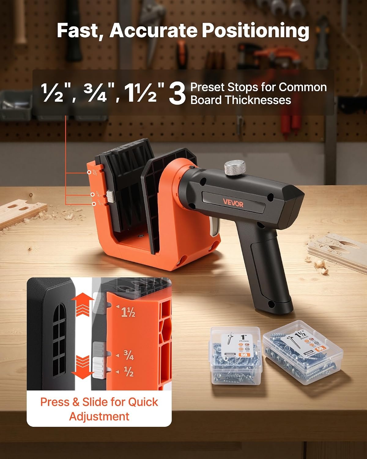 image:imageVEVOR Pocket Hole Jig Kit 12 to 112 in Adjustable Jig Pocket Hole System with Toolcase CClamp Step Drill Hex Wrench Drill Stop Ring Square Drive Bit Reinforced Metal Frame for WoodworkingBlack