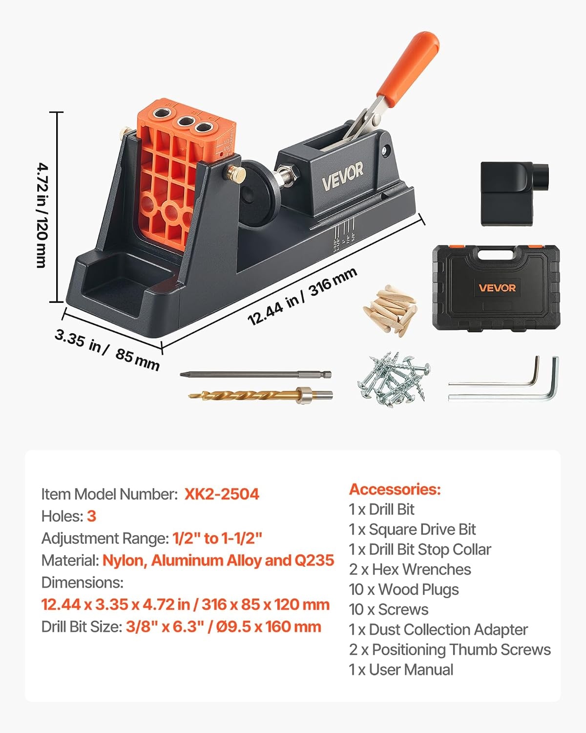 image:imageVEVOR Pocket Hole Jig Kit 12 to 112 in Adjustable Jig Pocket Hole System with Toolcase CClamp Step Drill Hex Wrench Drill Stop Ring Square Drive Bit Reinforced Metal Frame for WoodworkingBlack