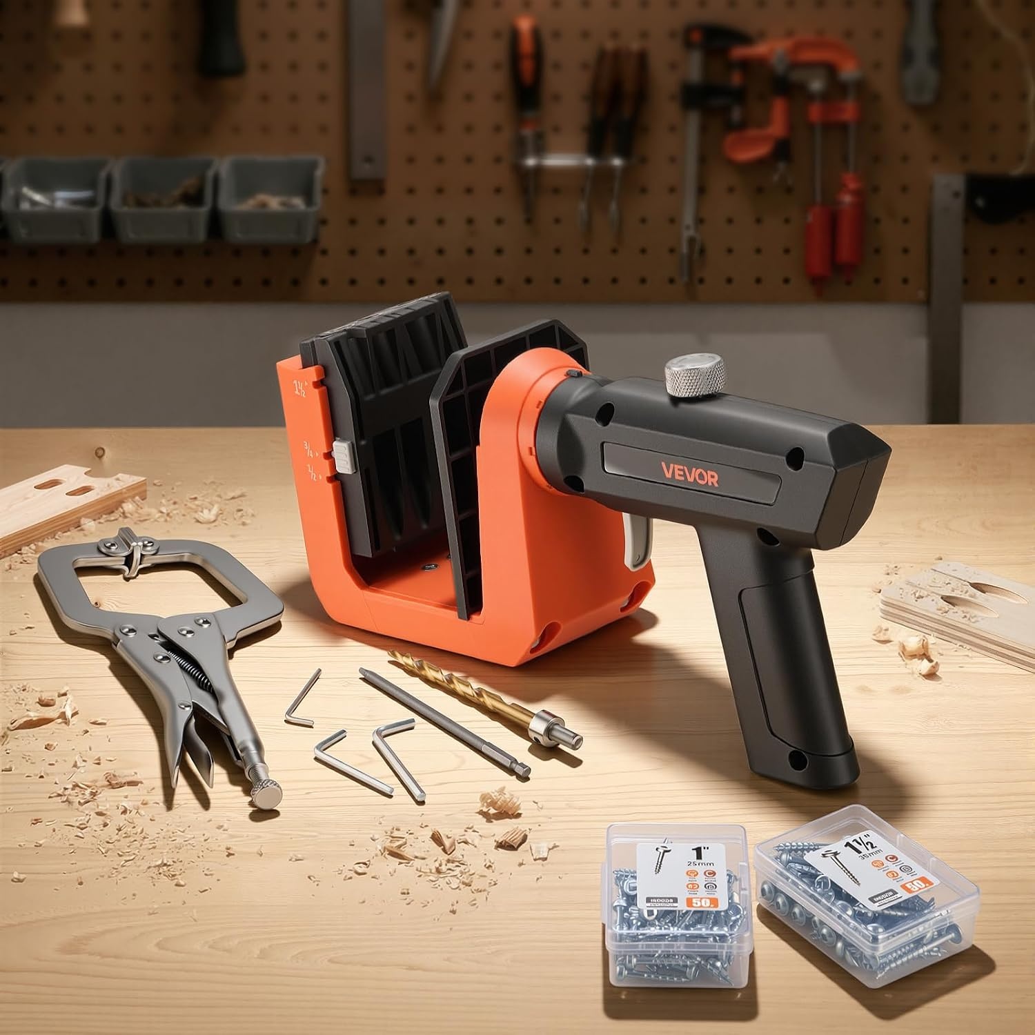 image:imageVEVOR Pocket Hole Jig Kit 12 to 112 in Adjustable Jig Pocket Hole System with Toolcase CClamp Step Drill Hex Wrench Drill Stop Ring Square Drive Bit Reinforced Metal Frame for WoodworkingBlack