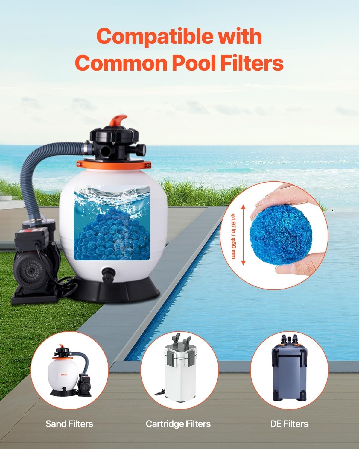 image:imageVEVOR Pool Filter Balls for Sand Filter 46 lbs Filter Balls Replace Pool Filter Sand Reusable Polyester Fiber Filter Media Balls with Wash Bag for Swimming Pool Above Ground Pool Aquarium TankBlue