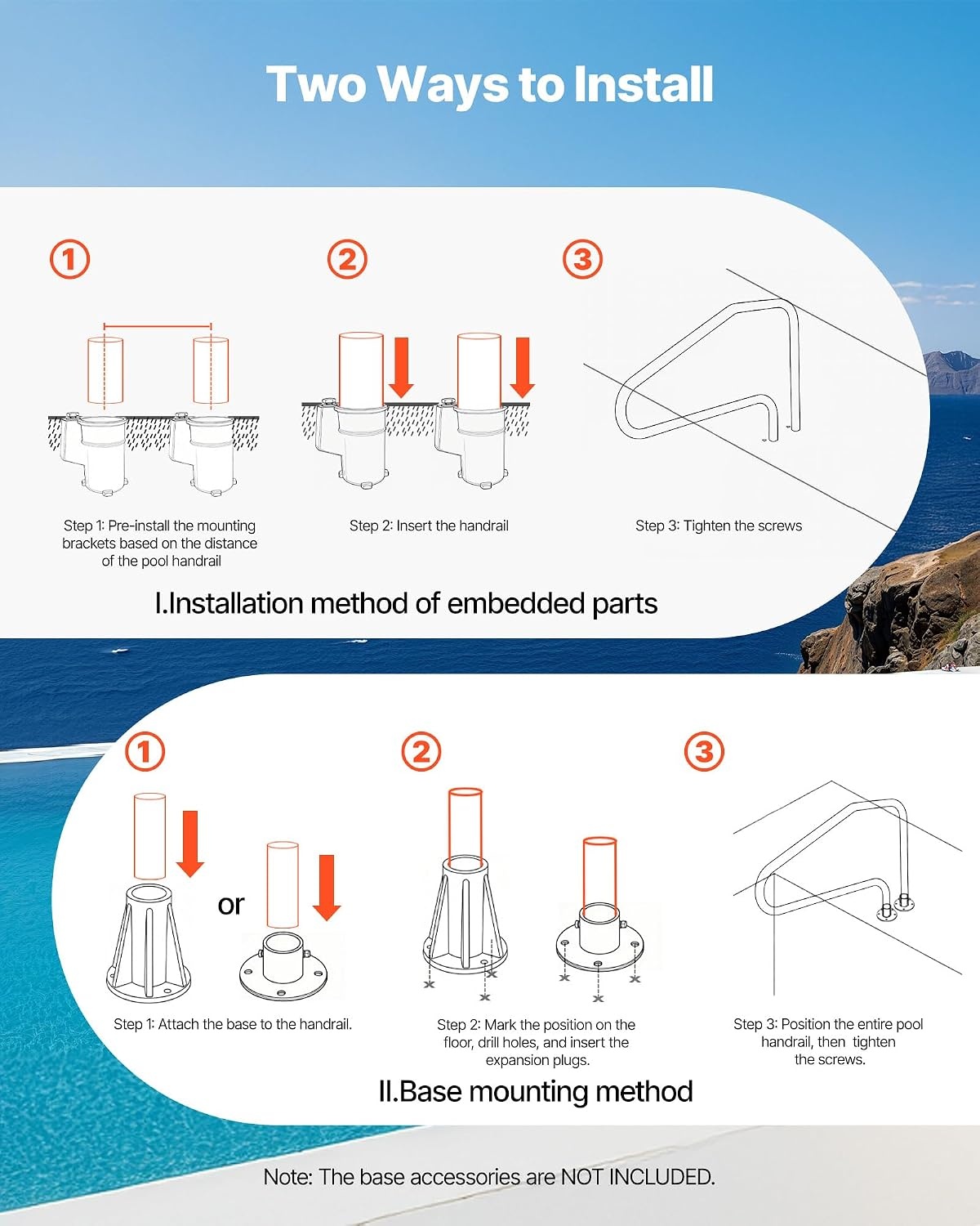 image:imageVEVOR Pool Rail 54x36 Pool Railing 304 Stainless Steel 250LBS Load Capacity Silver Rustproof Pool Handrail Humanized Swimming Pool Handrail with Blue Grip Cover amp M8 Drill Bit amp SelfTaping Screws48x32 Inch