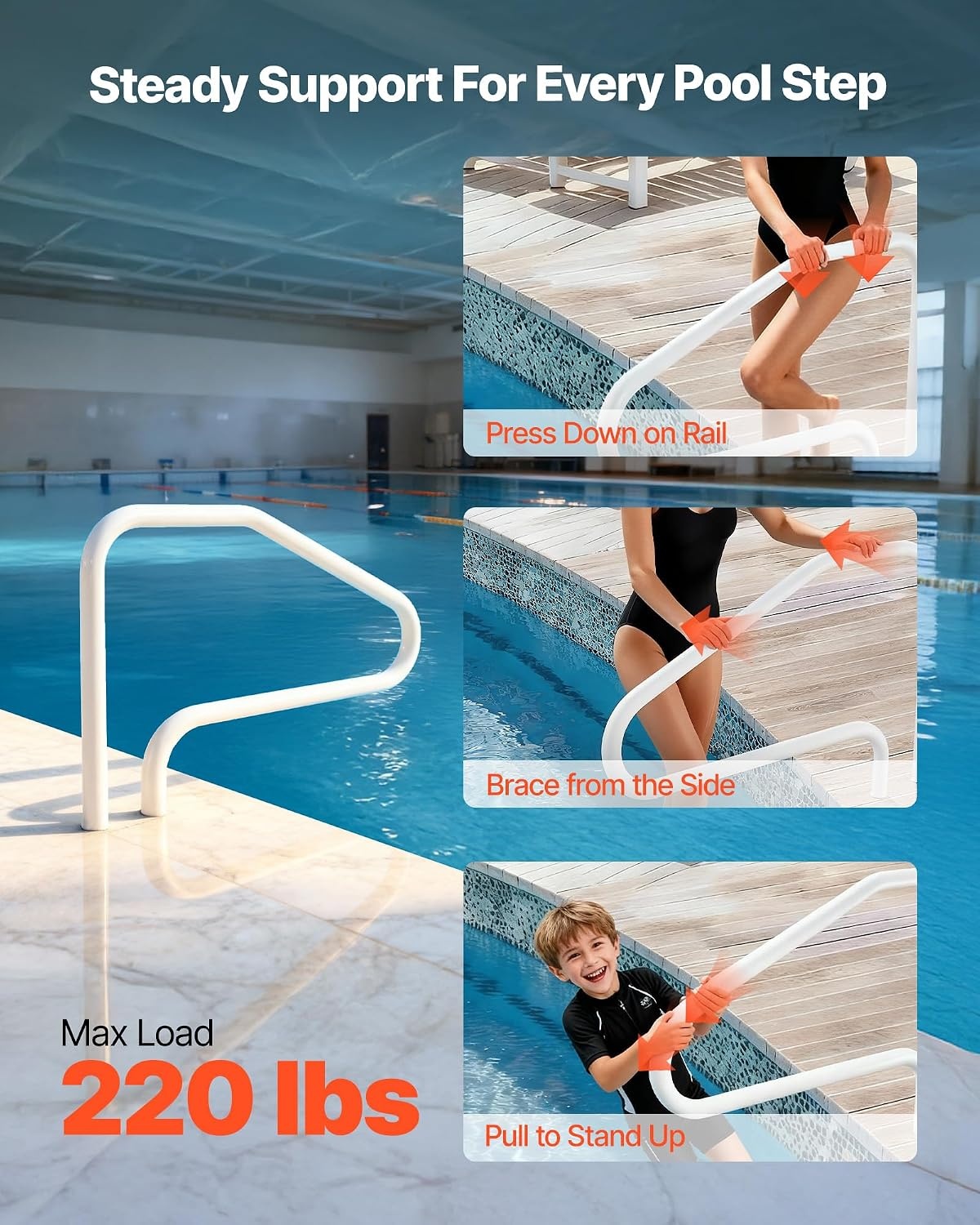 image:imageVEVOR Pool Rail 54x36 Pool Railing 304 Stainless Steel 250LBS Load Capacity Silver Rustproof Pool Handrail Humanized Swimming Pool Handrail with Blue Grip Cover amp M8 Drill Bit amp SelfTaping Screws48x32 Inch