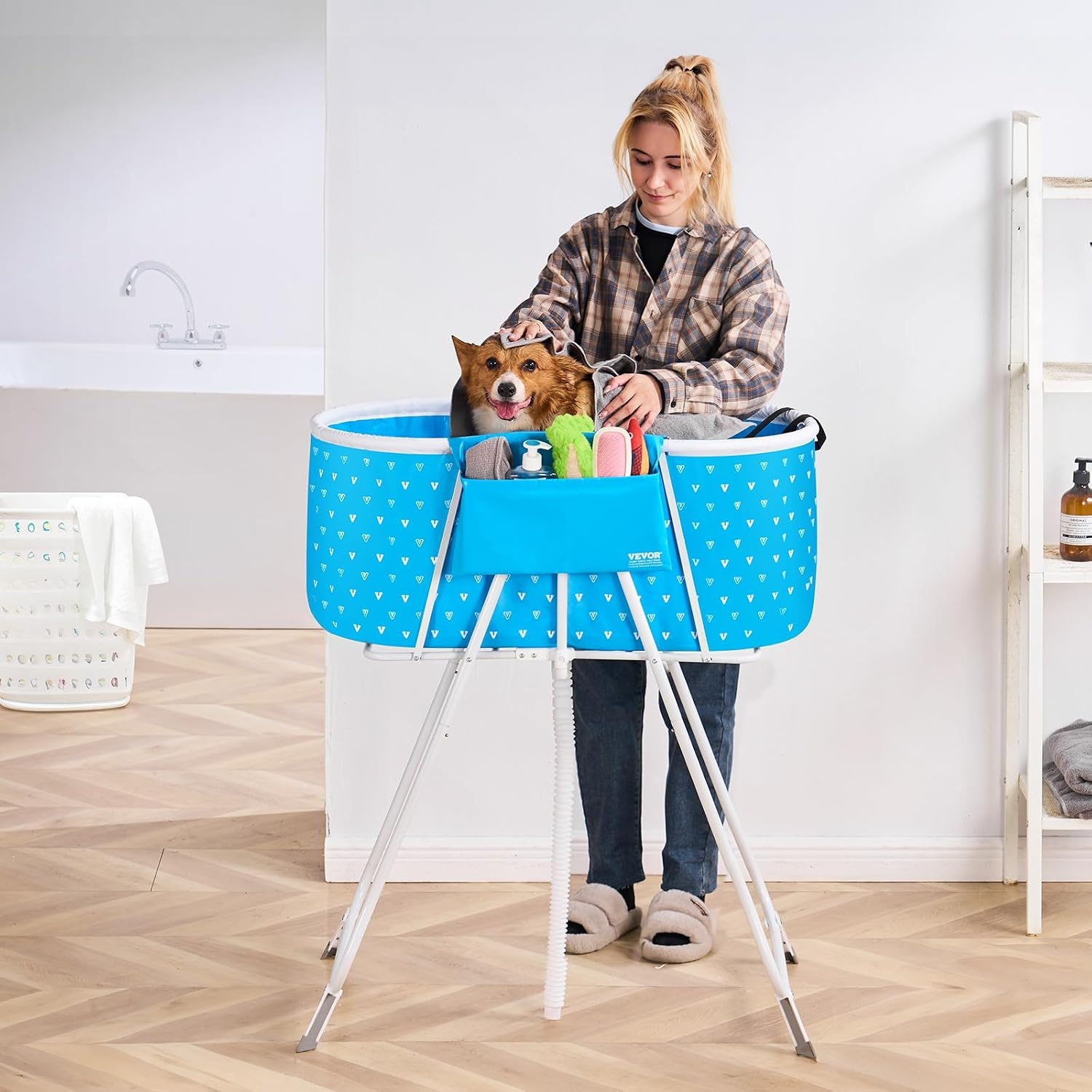 image:imageVEVOR Portable Dog Bathtub Elevated amp Foldable SpaceSaving Pet Shower Station with Efficient Drainage Bathing Tub for Washing amp Grooming Small and Medium Size Dogs and Cats Indoor amp Outdoor GreyLight Blue