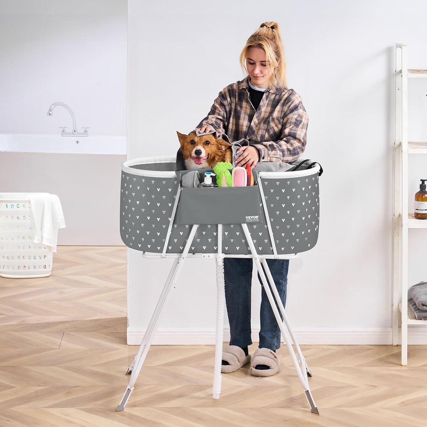 image:imageVEVOR Portable Dog Bathtub Elevated amp Foldable SpaceSaving Pet Shower Station with Efficient Drainage Bathing Tub for Washing amp Grooming Small and Medium Size Dogs and Cats Indoor amp Outdoor GreyLight Grey
