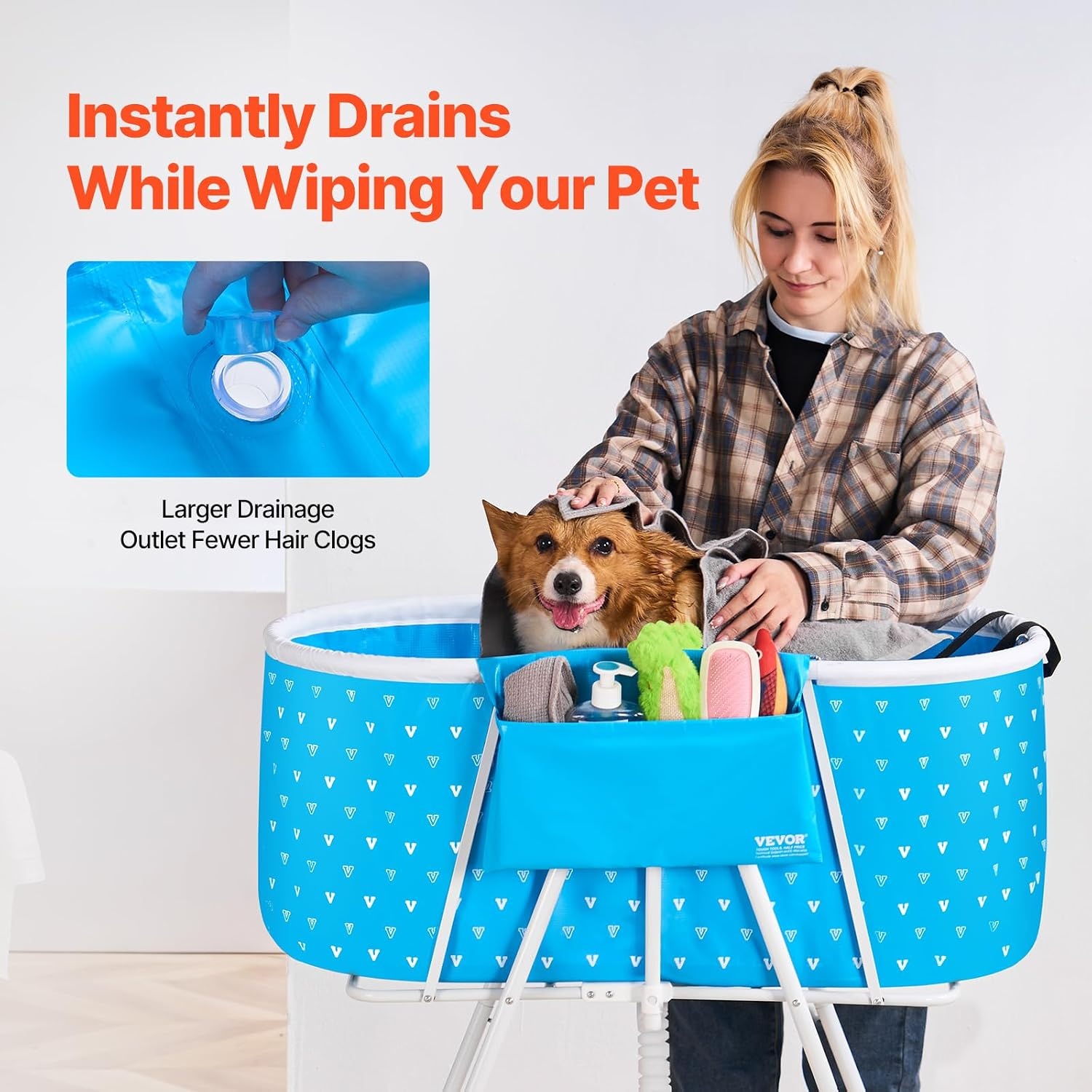 image:imageVEVOR Portable Dog Bathtub Elevated amp Foldable SpaceSaving Pet Shower Station with Efficient Drainage Bathing Tub for Washing amp Grooming Small and Medium Size Dogs and Cats Indoor amp Outdoor GreyLight Blue