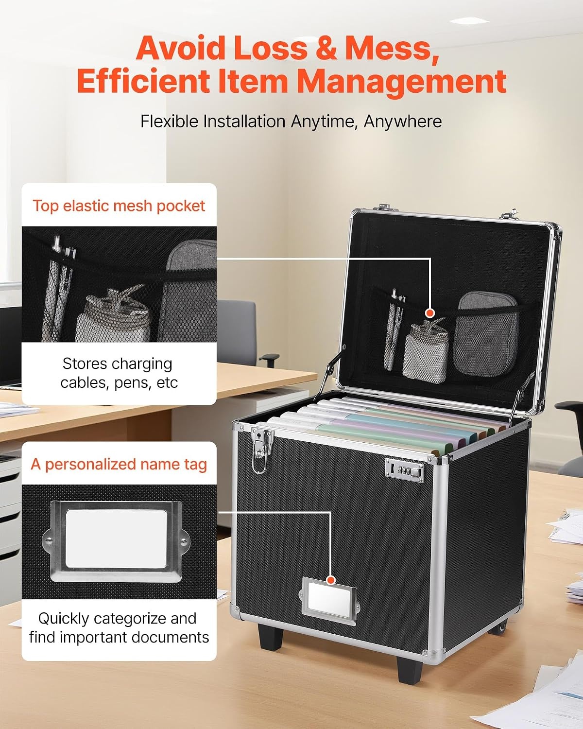 image:imageVEVOR Portable File Storage Box 156 x 126 x 15 inch Internal Chest Size Locking Mobile Business Case with Telescopic Handle Hand pull File Case for Office Home Offices Hospitals Banks