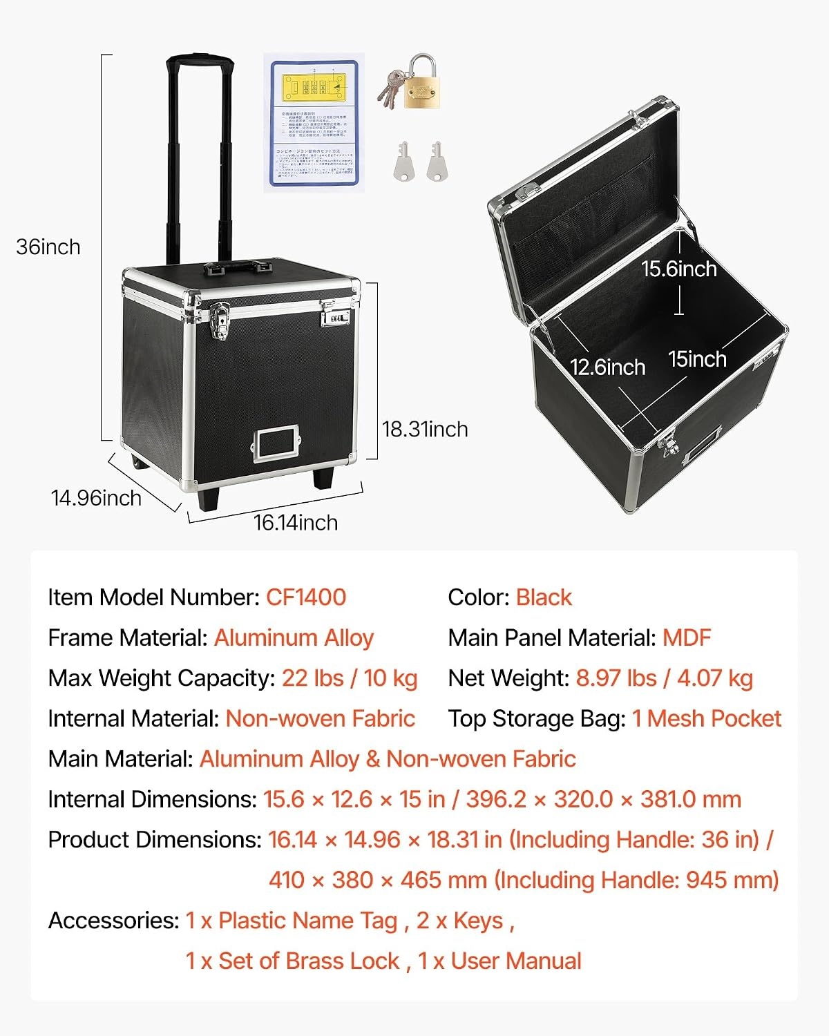 image:imageVEVOR Portable File Storage Box 156 x 126 x 15 inch Internal Chest Size Locking Mobile Business Case with Telescopic Handle Hand pull File Case for Office Home Offices Hospitals Banks